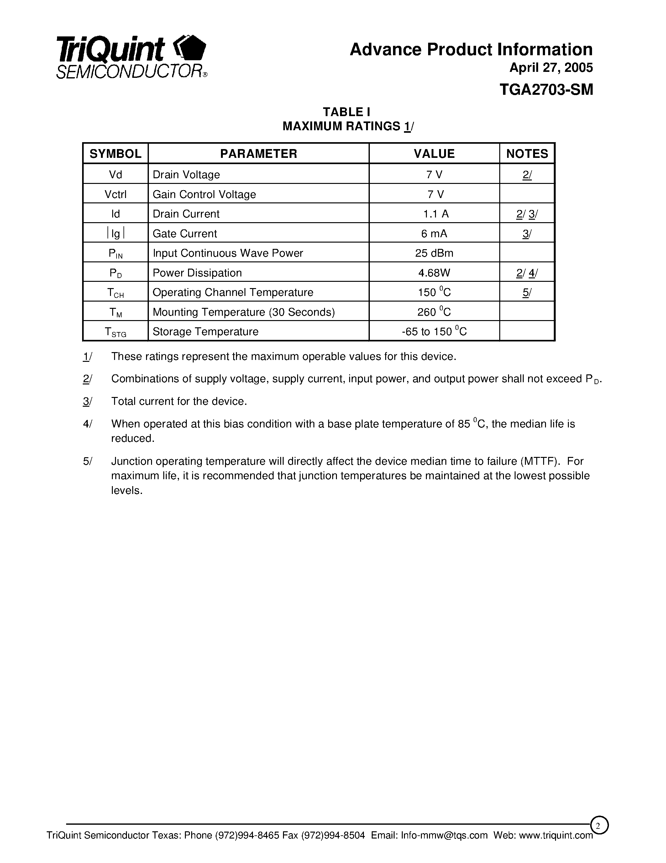 Datasheet TGA2703-SM - 3.5GHz WiMAX Driver / Power Amplifier page 2