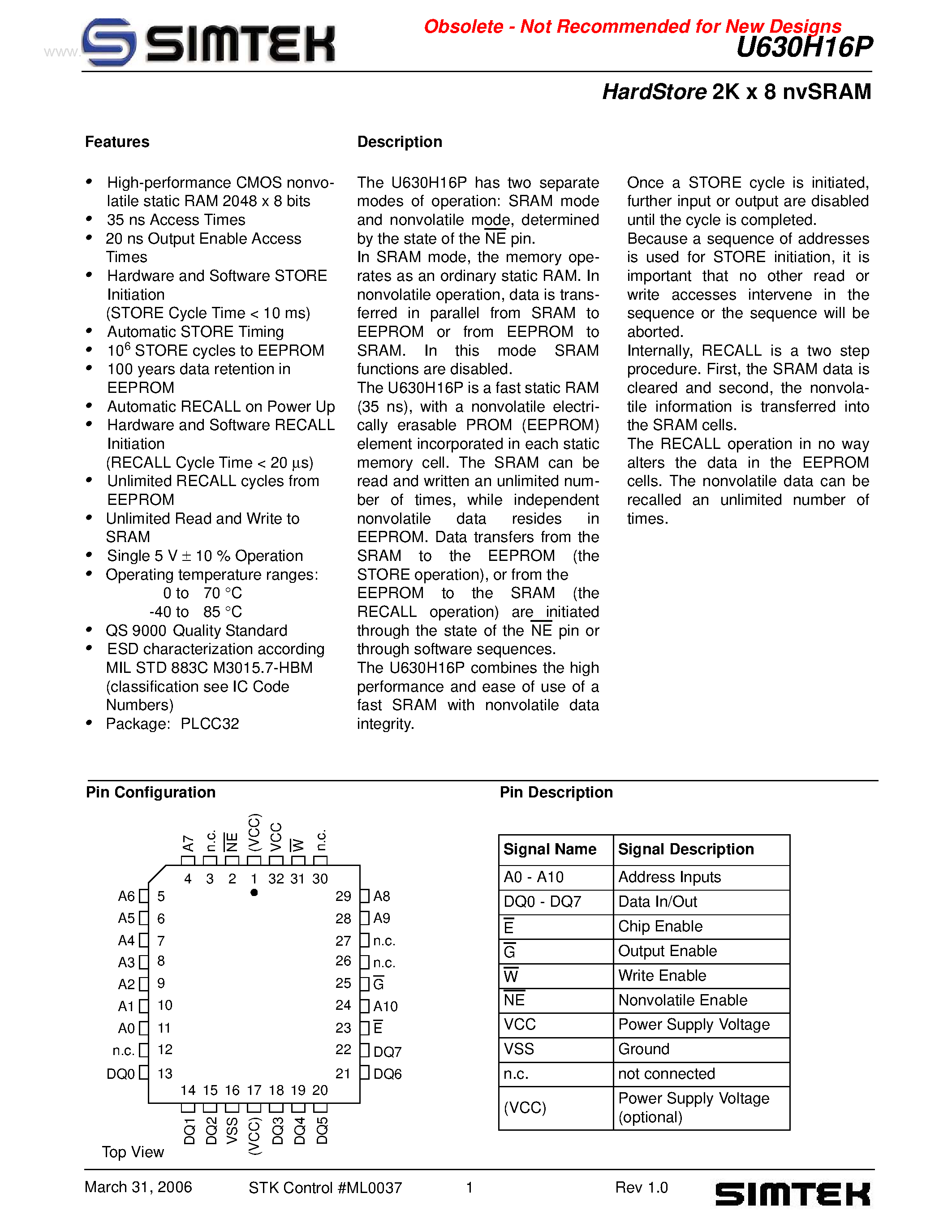 Даташит U630H16P - HardStore 2K x 8 nvSRAM страница 1