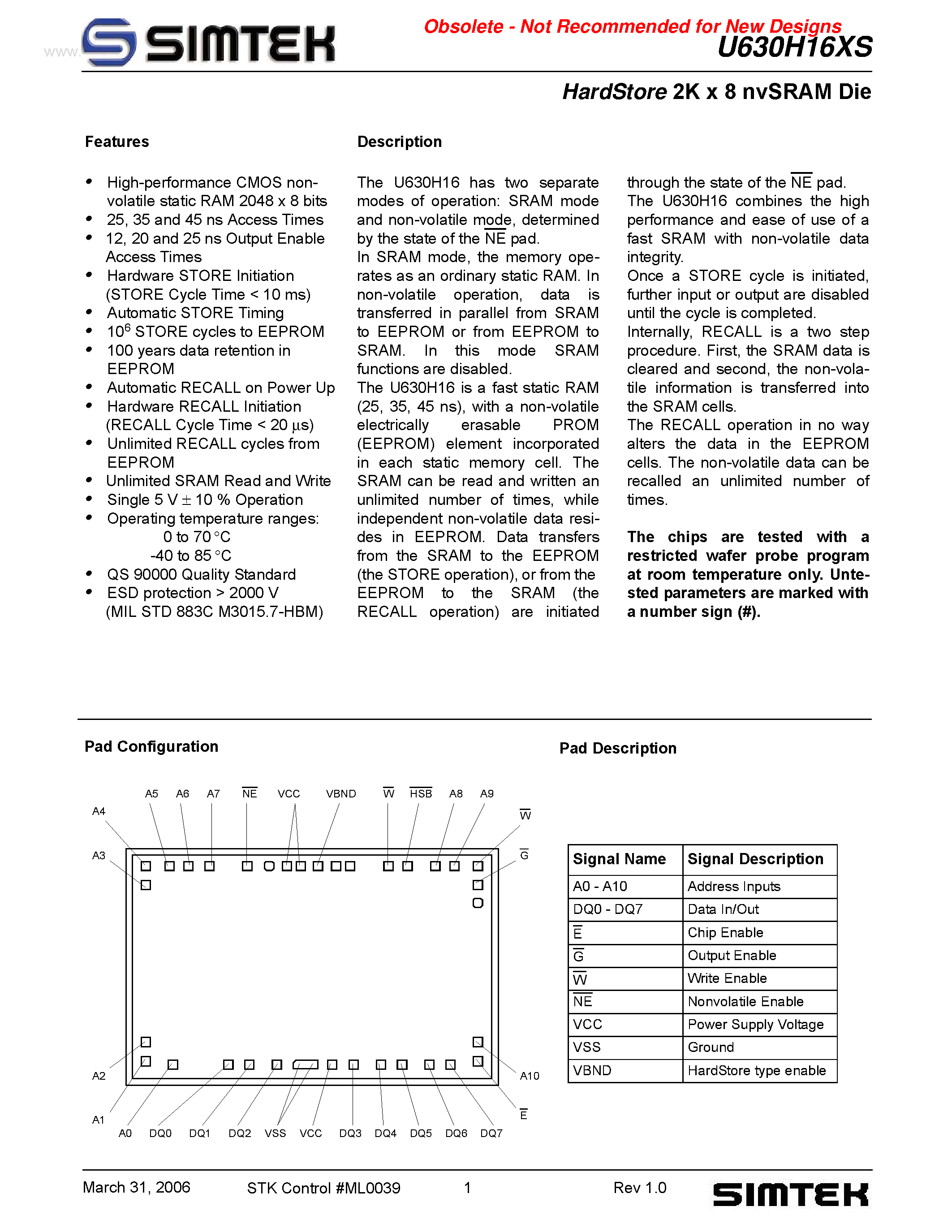 Даташит U630H16XS - HardStore 2K x 8 nvSRAM Die страница 1