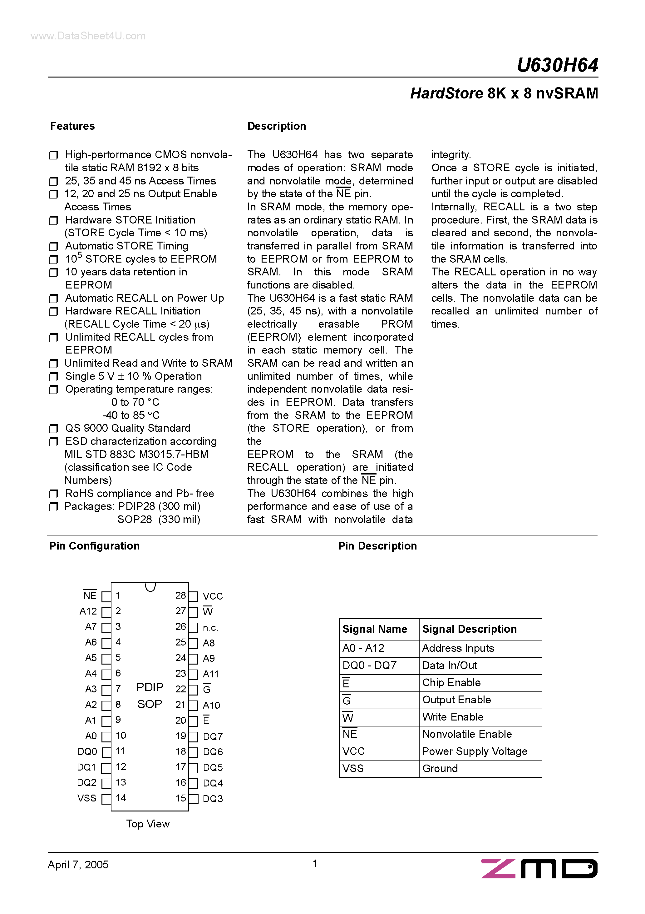 Даташит U630H64 - HardStore 8K x 8 nvSRAM страница 1