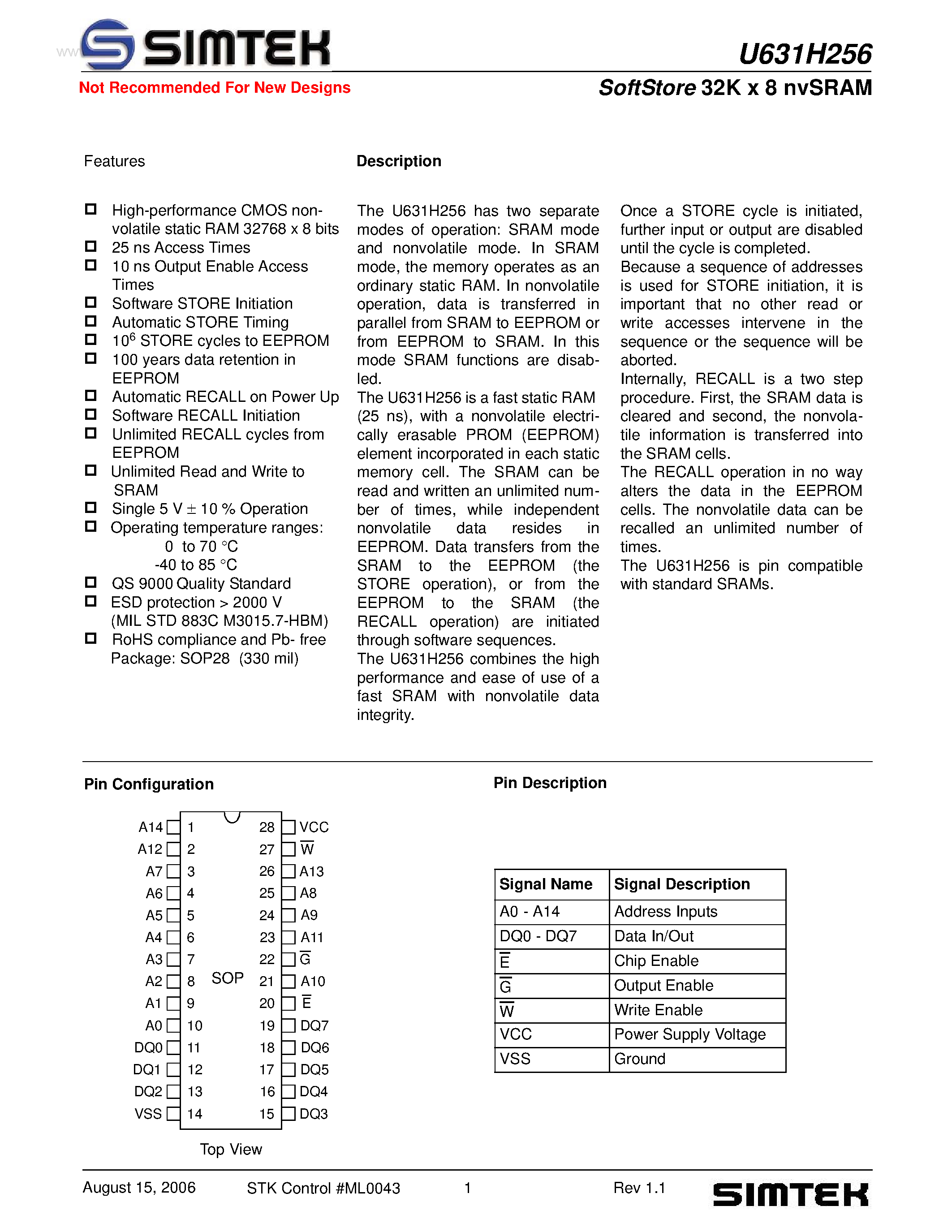 Даташит U631H256 - SoftStore 32K x 8 nvSRAM страница 1