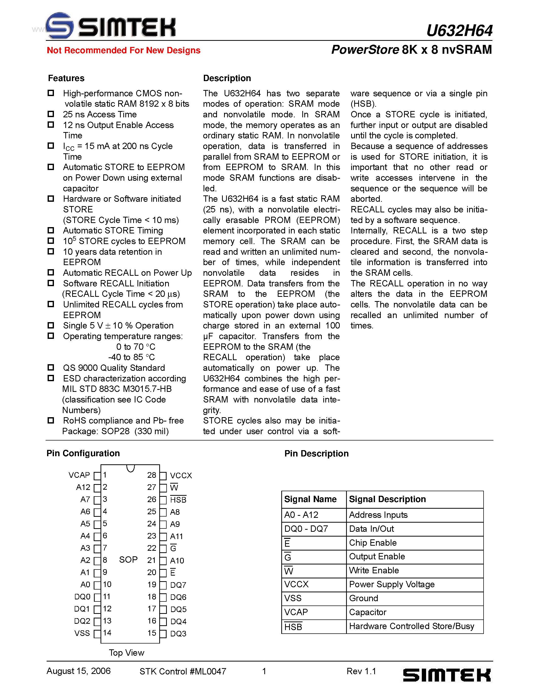 Даташит U632H64 - PowerStore 8K x 8 nvSRAM страница 1