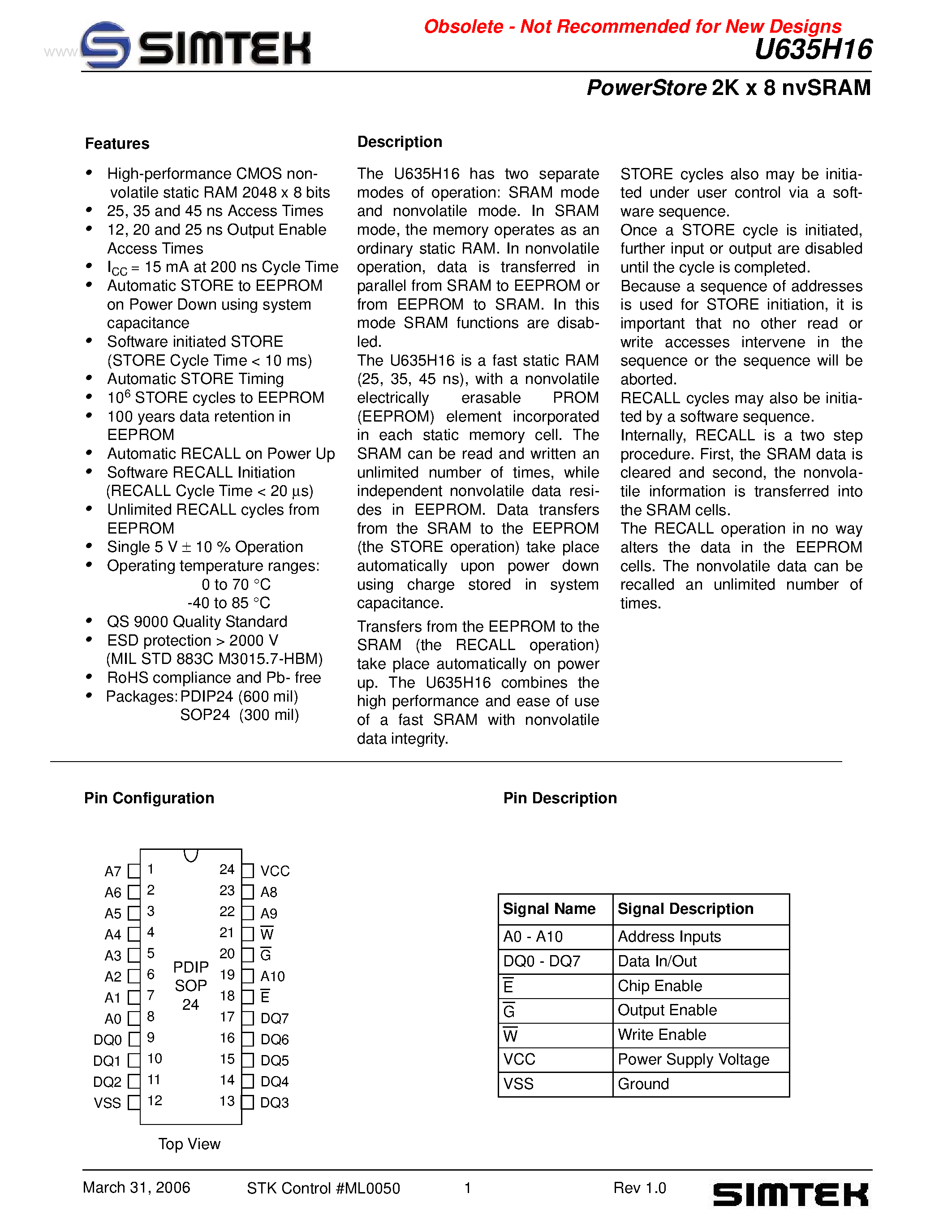 Даташит U635H16 - PowerStore 2K x 8 nvSRAM страница 1
