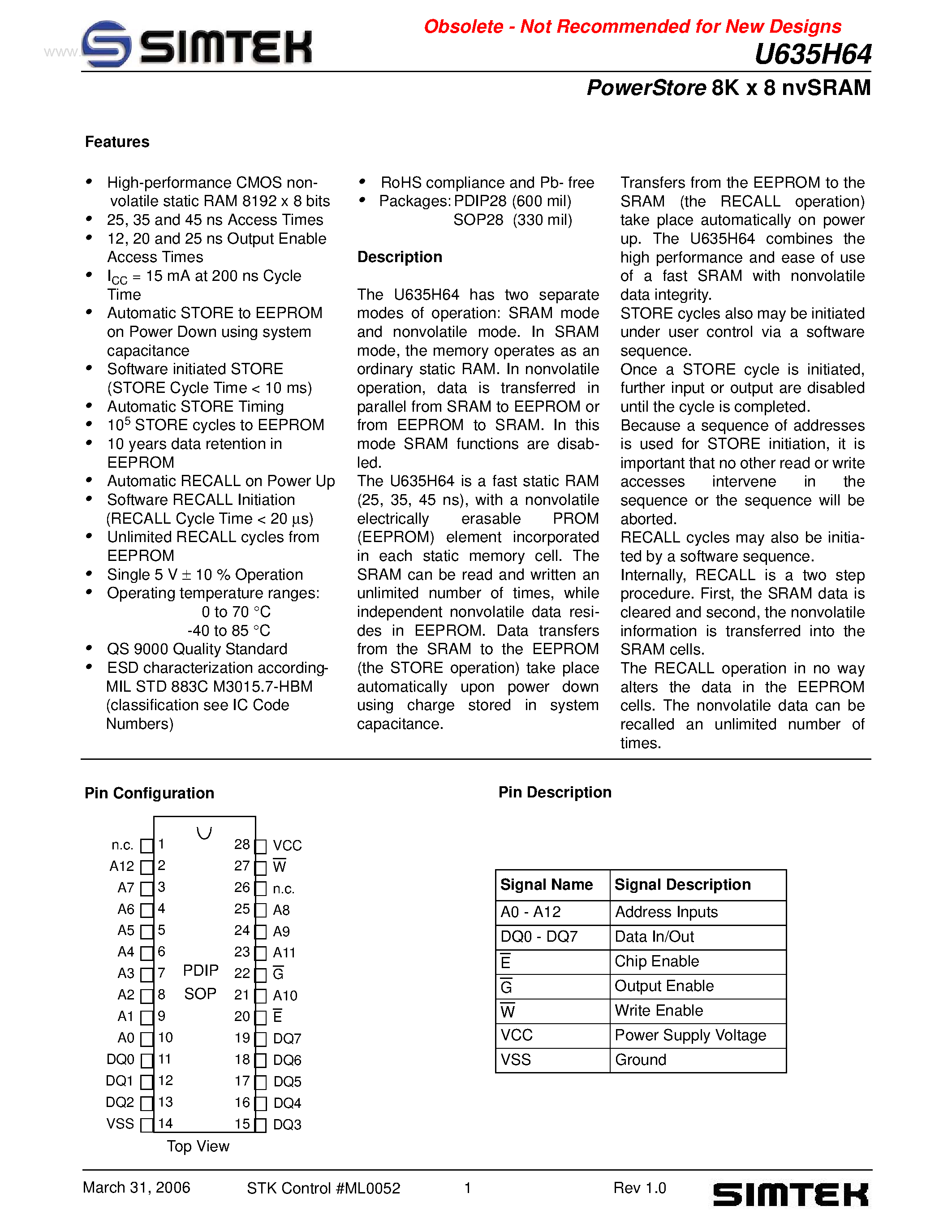Даташит U635H64 - PowerStore 8K x 8 nvSRAM страница 1