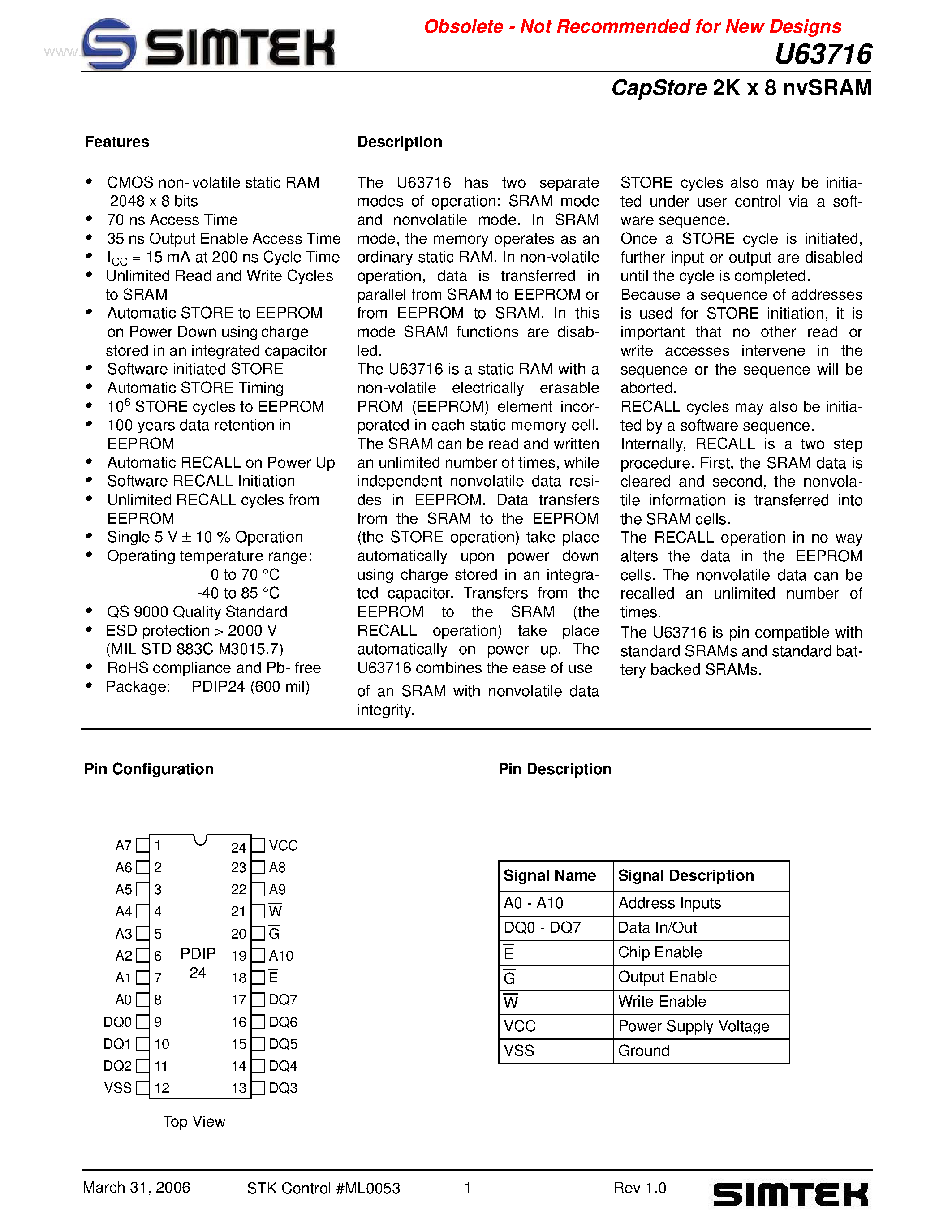 Даташит U63716 - CapStore 2K x 8 nvSRAM страница 1