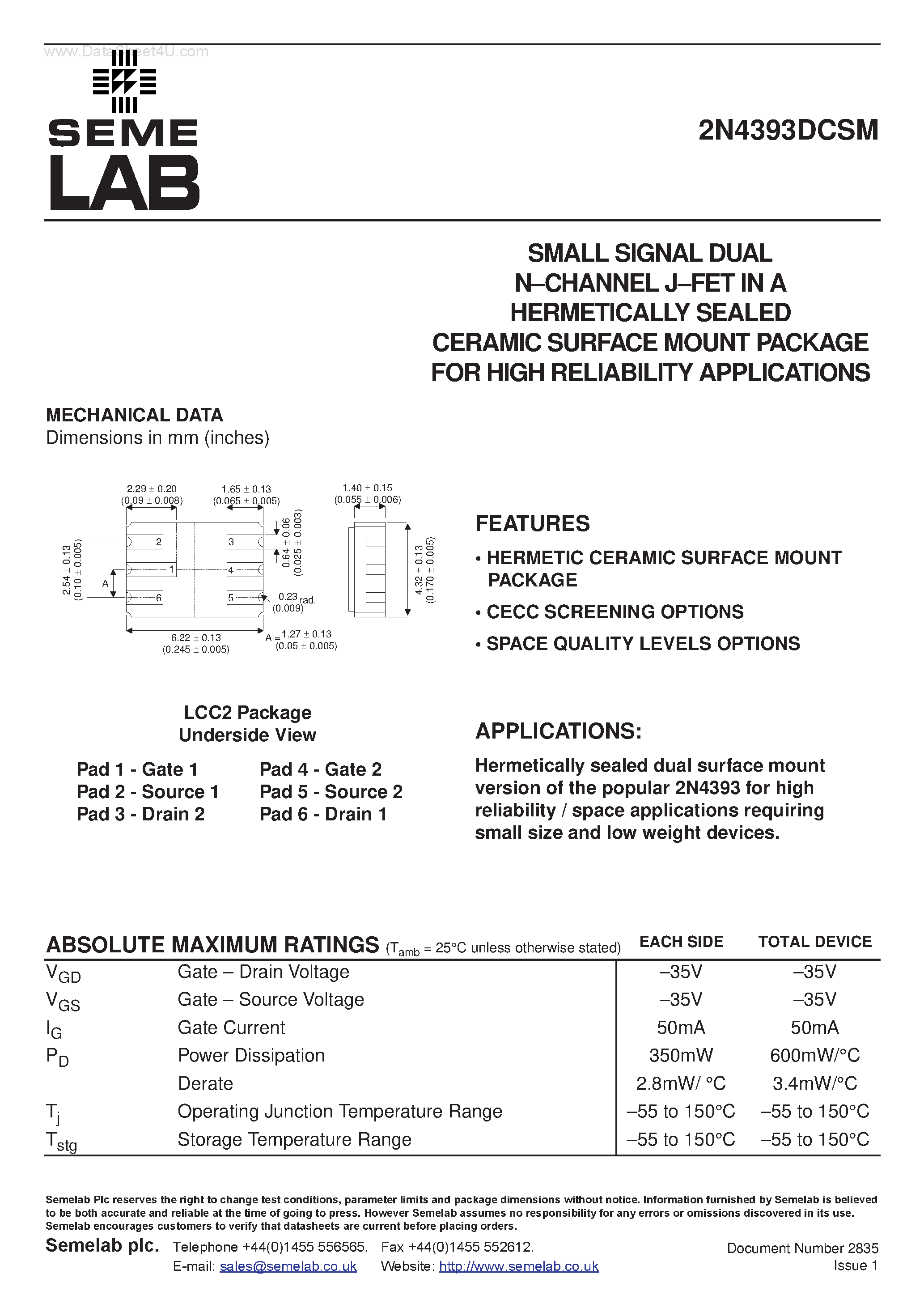 Datasheet 2N4393DCSM - SMALL SIGNAL DUAL N-CHANNEL J-FET IN A HERMETICALLY SEALED CERAMIC SURFACE MOUNT PACKAGE page 1