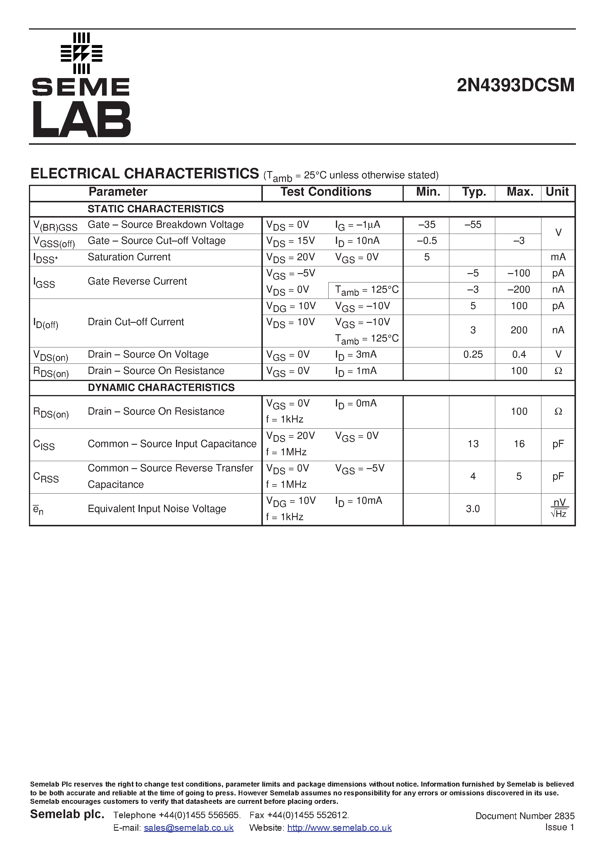 Datasheet 2N4393DCSM - SMALL SIGNAL DUAL N-CHANNEL J-FET IN A HERMETICALLY SEALED CERAMIC SURFACE MOUNT PACKAGE page 2