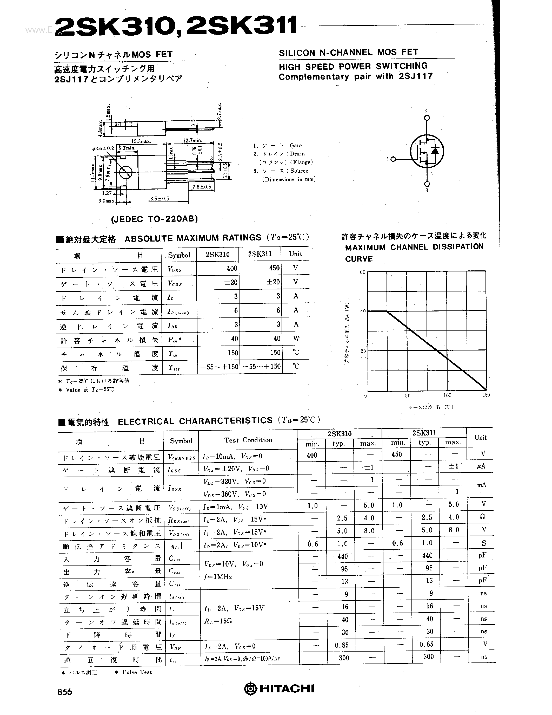 Даташит 2SK310 - (2SK310 / 2SK311) SILICON N-CHANNEL MOS FET страница 1