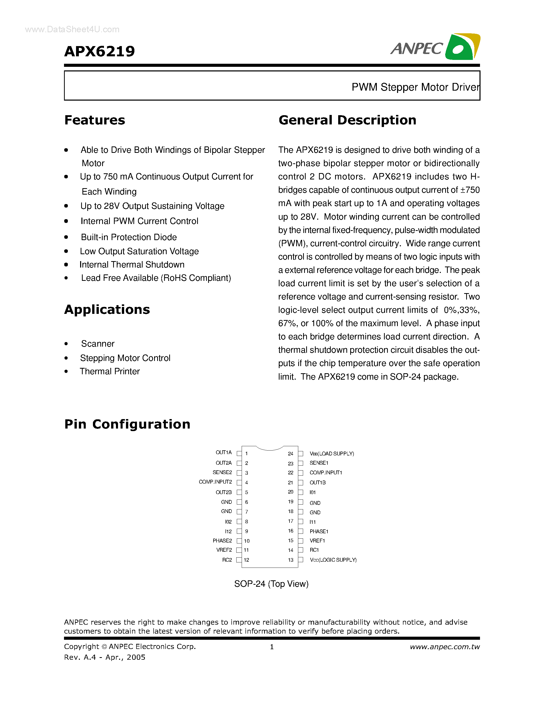 Даташит APX6219 - PWM Stepper Motor Driver страница 1