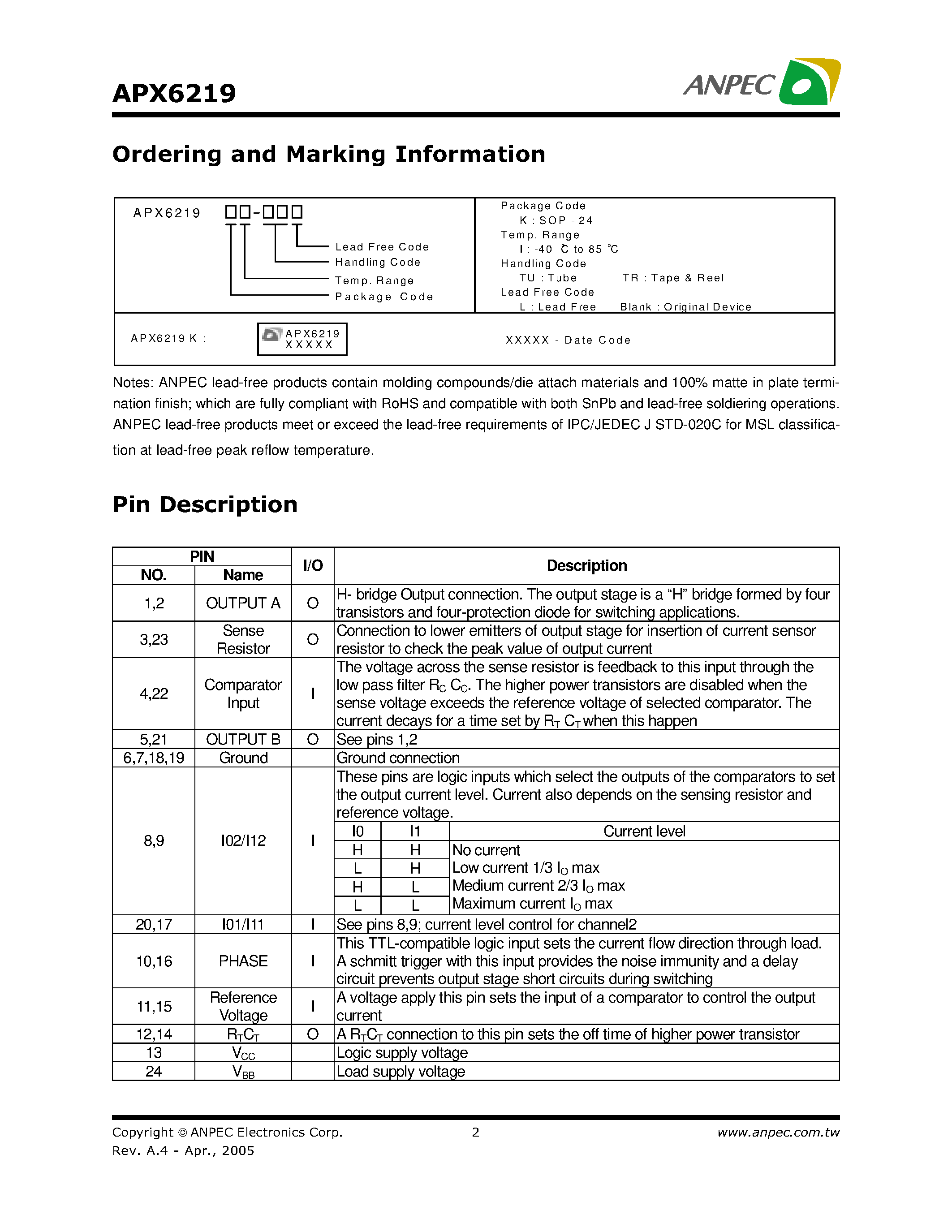 Даташит APX6219 - PWM Stepper Motor Driver страница 2