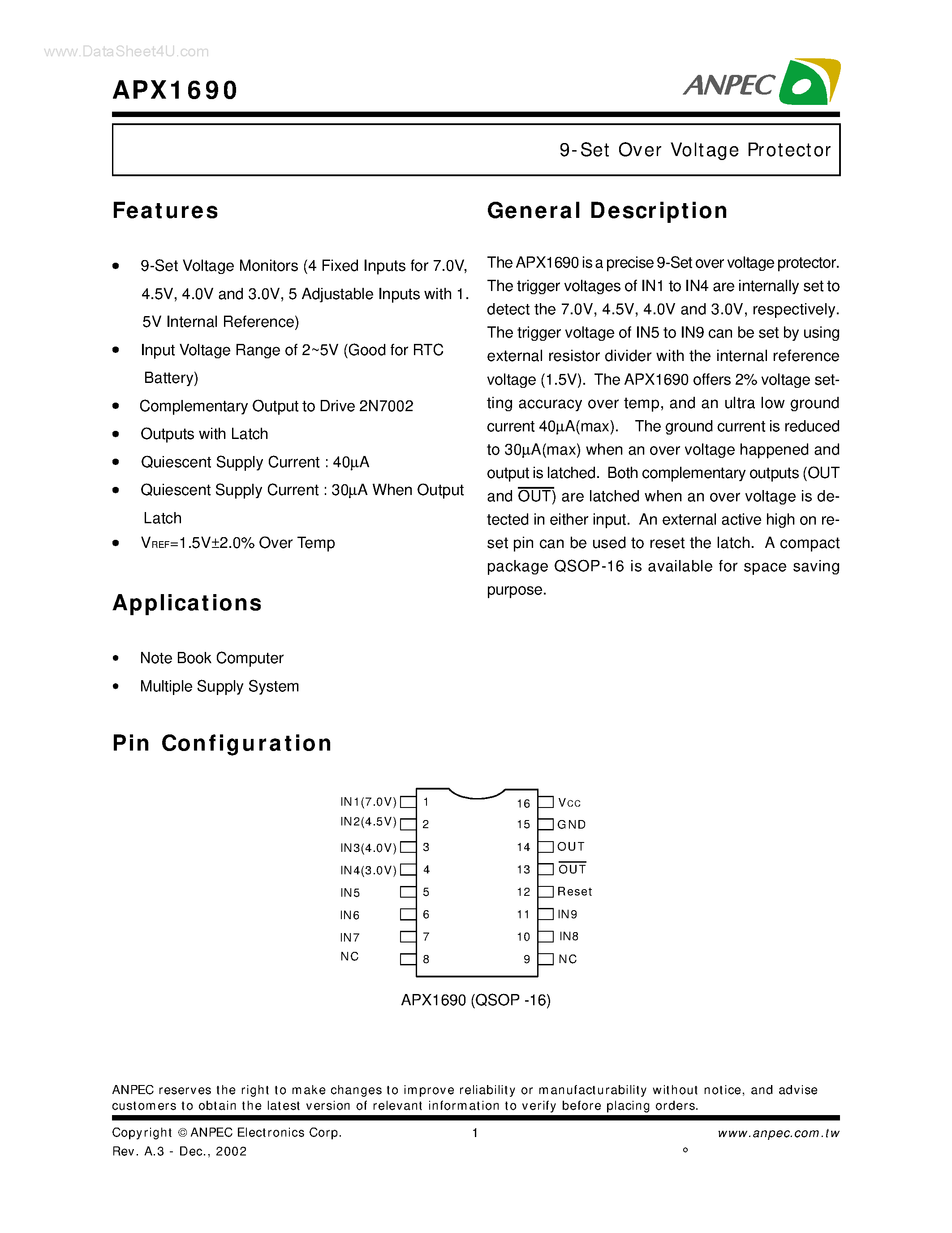 Даташит APX1690 - 9-Set Over Voltage Protector страница 1