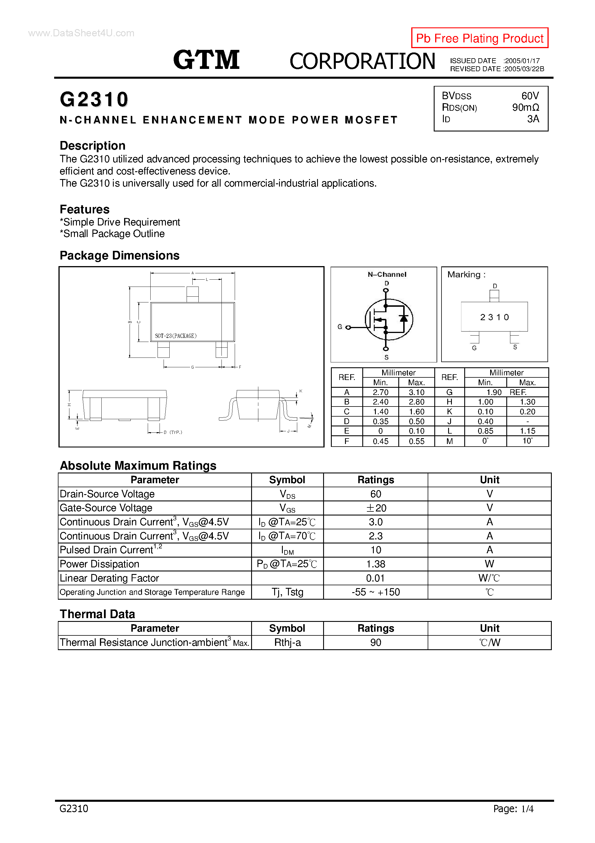Datasheet G2310 - N-CHANNEL ENHANCEMENT MODE POWER MOSFET page 1