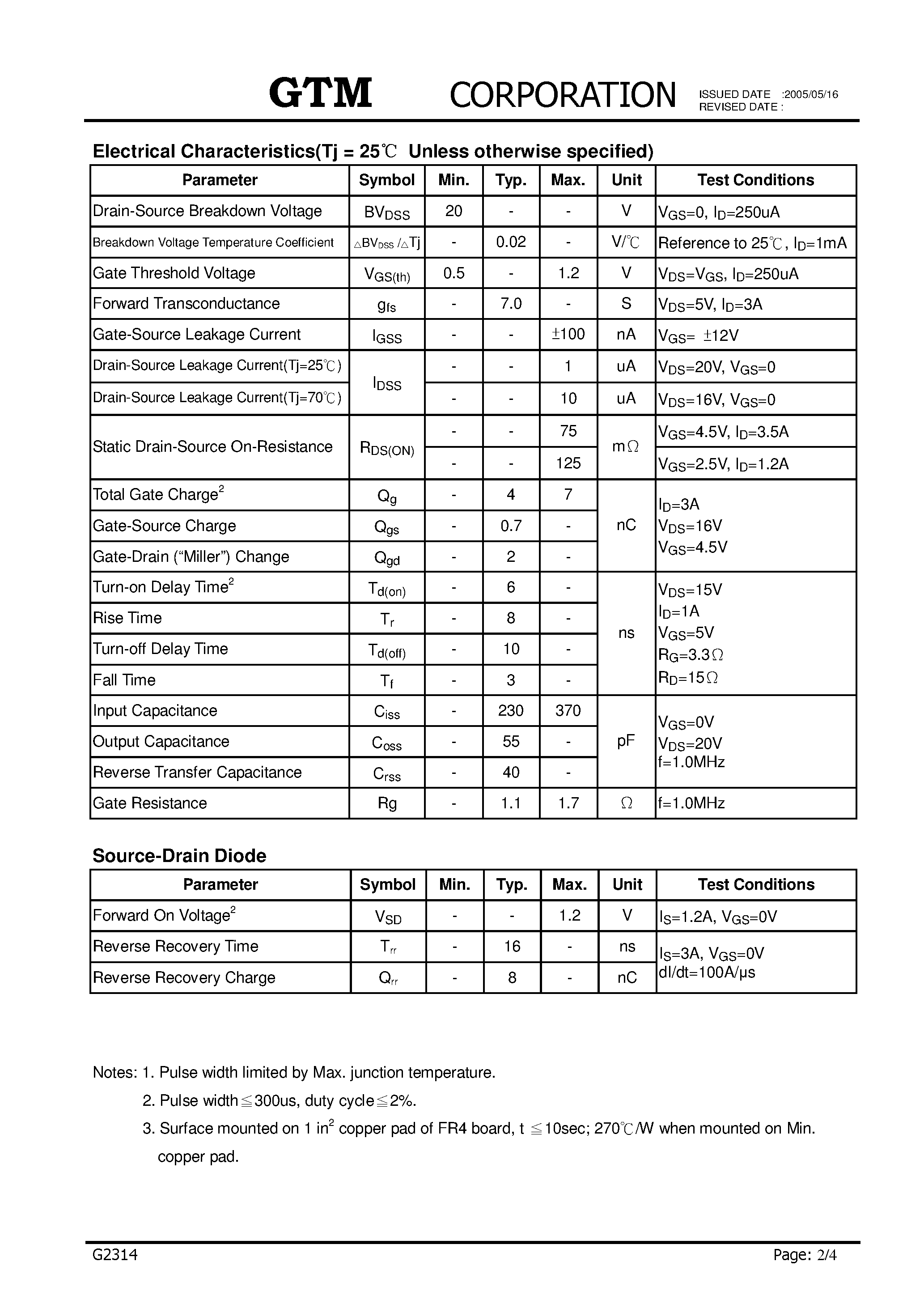 Datasheet G2314 - N-CHANNEL ENHANCEMENT MODE POWER MOSFET page 2
