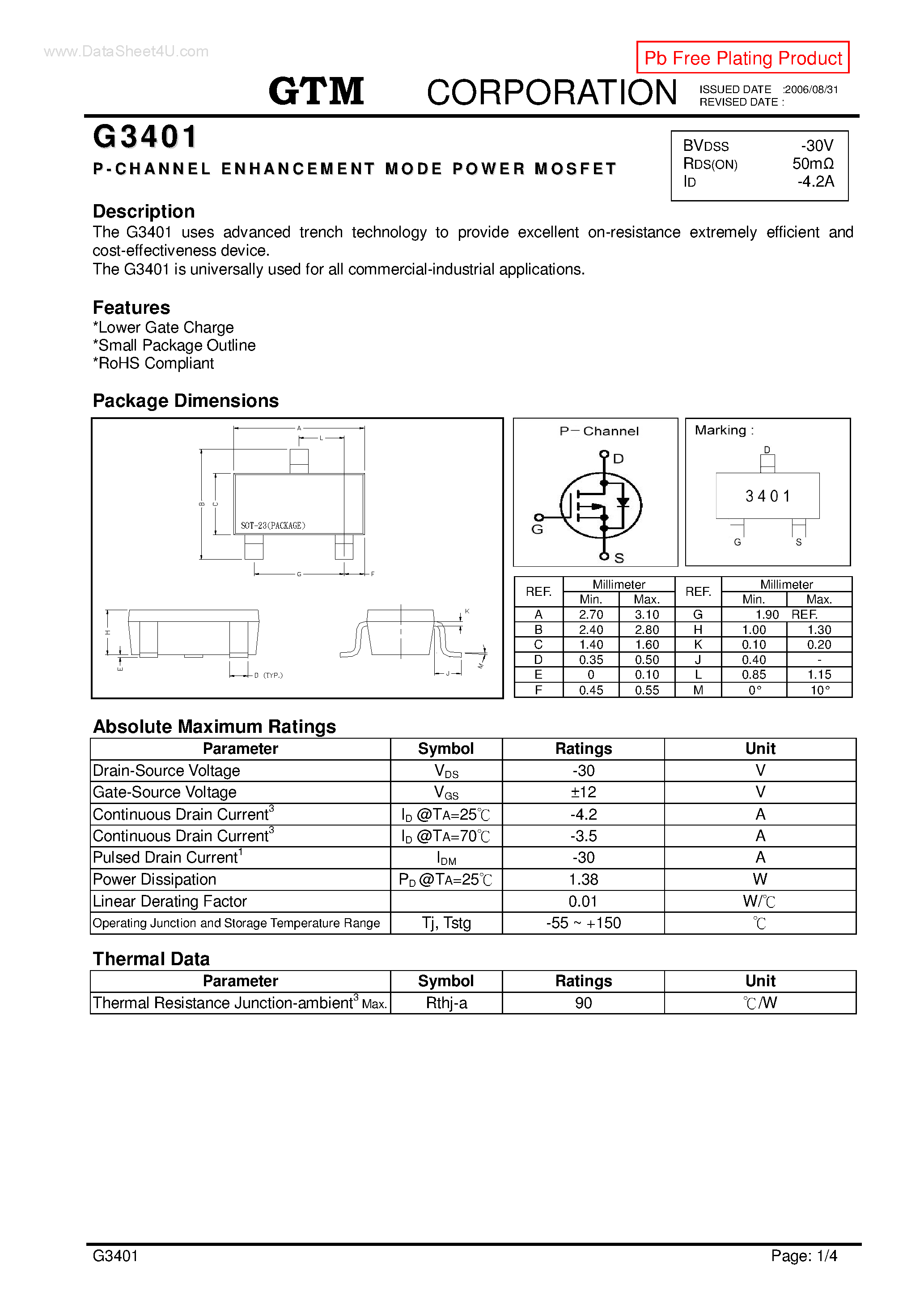 Datasheet G3401 page 1 Datasheet G3401 - P-CHANNEL ENHANCEMENT MODE POWER MOSFET page 1