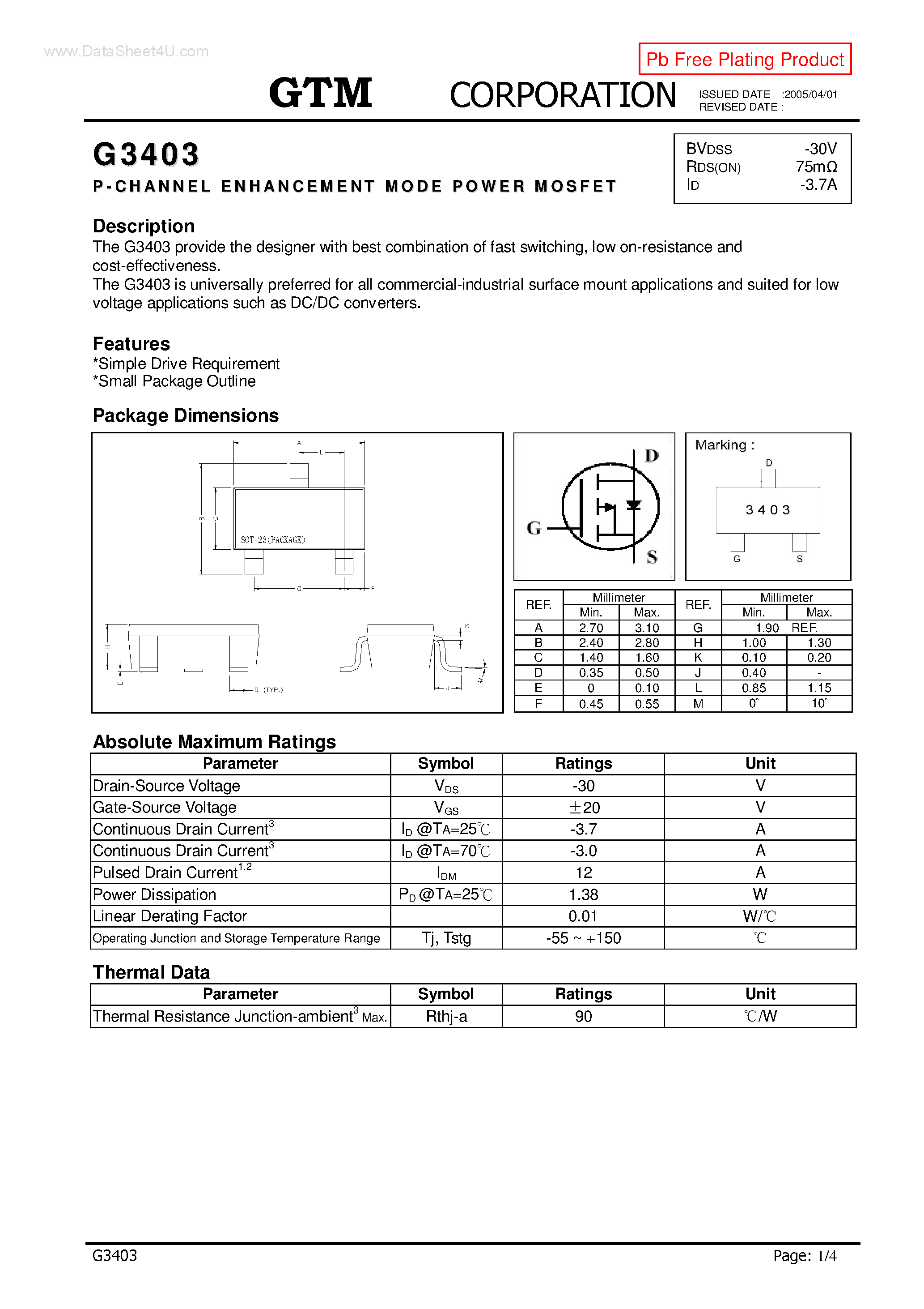 Datasheet G3403 - P-CHANNEL ENHANCEMENT MODE POWER MOSFET page 1
