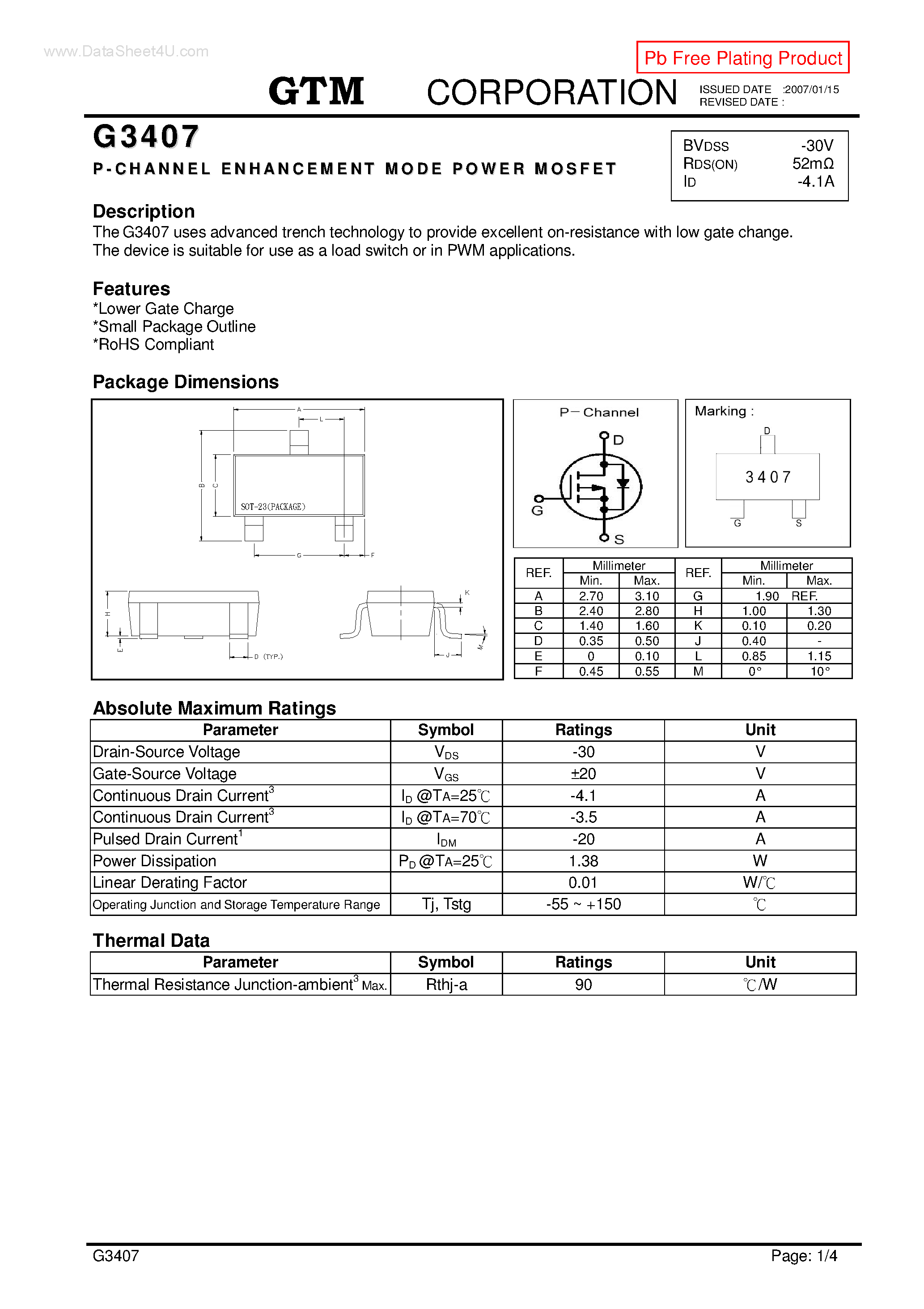 Datasheet G3407 page 1 Datasheet G3407 - P-CHANNEL ENHANCEMENT MODE POWER MOSFET page 1