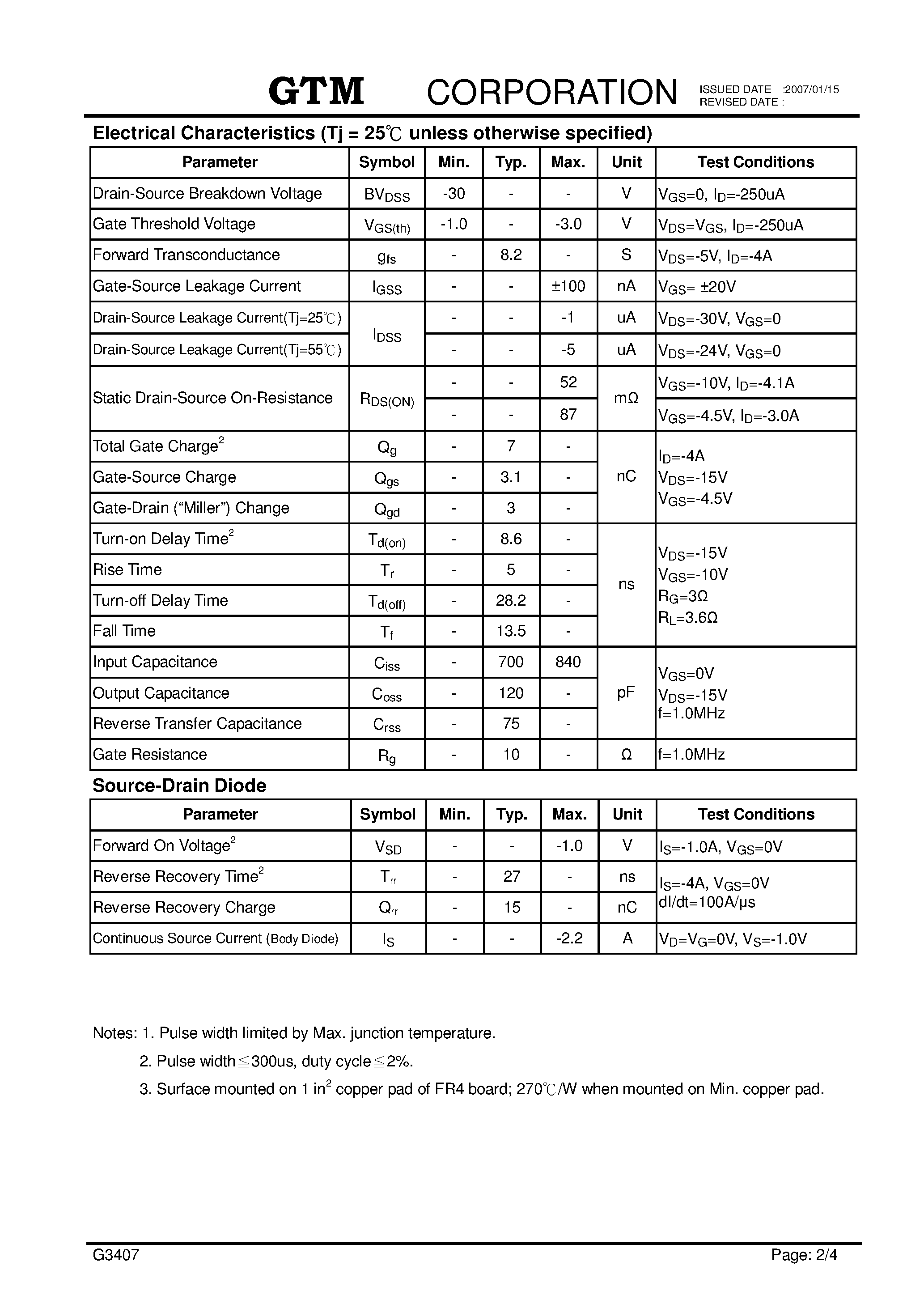 Datasheet G3407 page 2 Datasheet G3407 - P-CHANNEL ENHANCEMENT MODE POWER MOSFET page 2