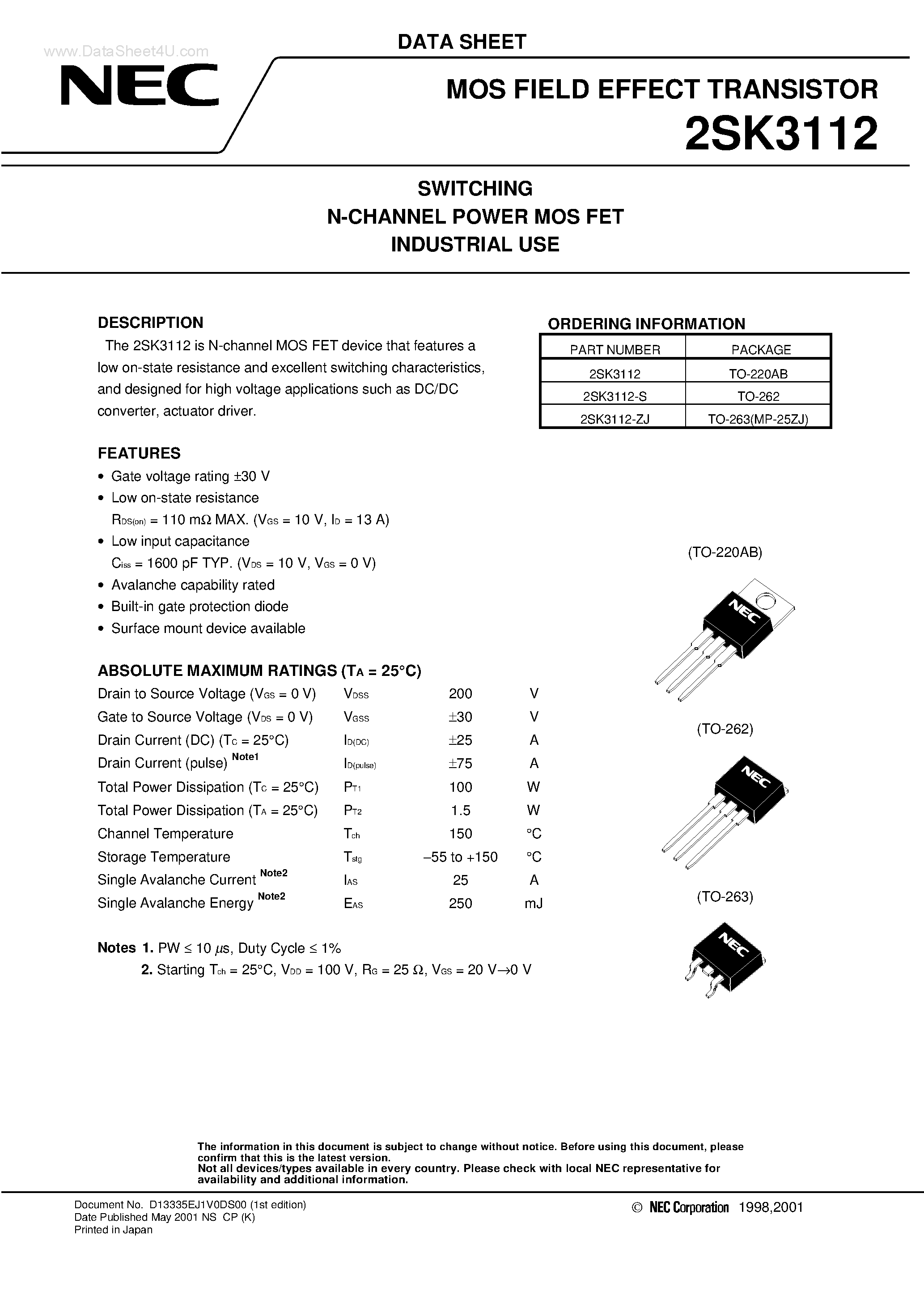 Datasheet 2SK3112 page 1 Datasheet 2SK3112 - SWITCHING N-CHANNEL POWER MOSFET INDUSTRIAL USE page 1