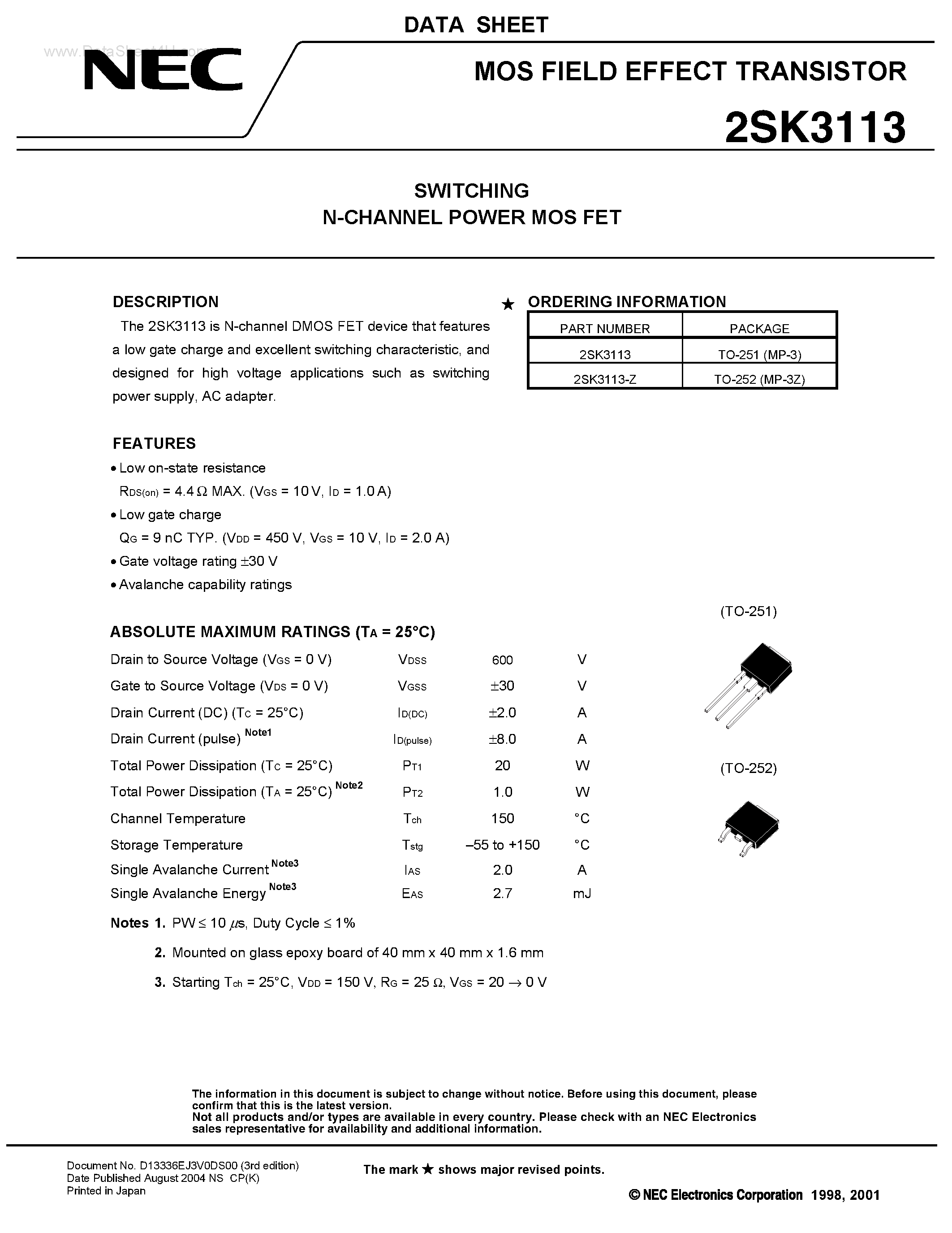 Datasheet 2SK3113 - SWITCHING N-CHANNEL POWER MOSFET page 1