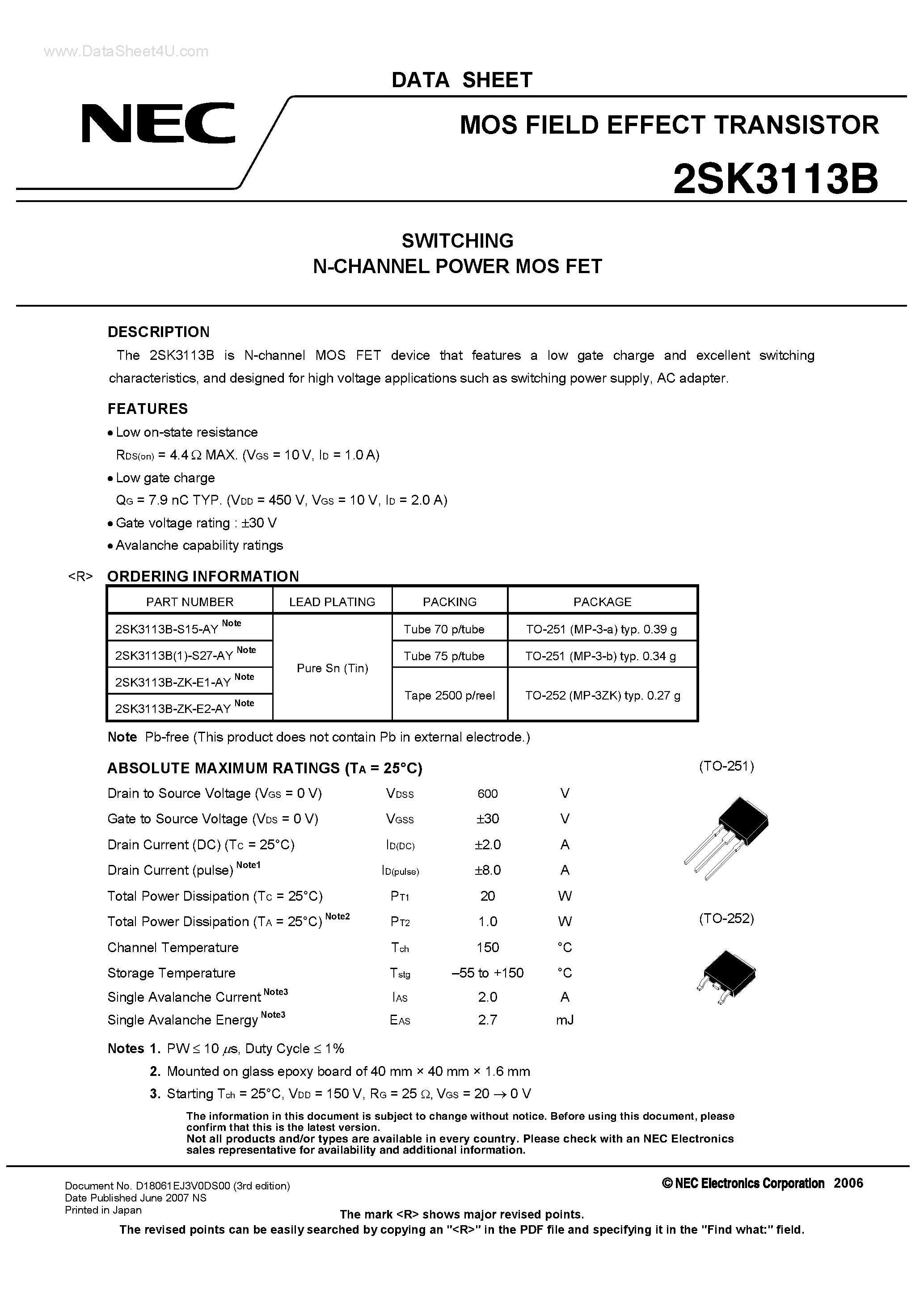 Даташит 2SK3113B - MOS FIELD EFFECT TRANSISTOR страница 1