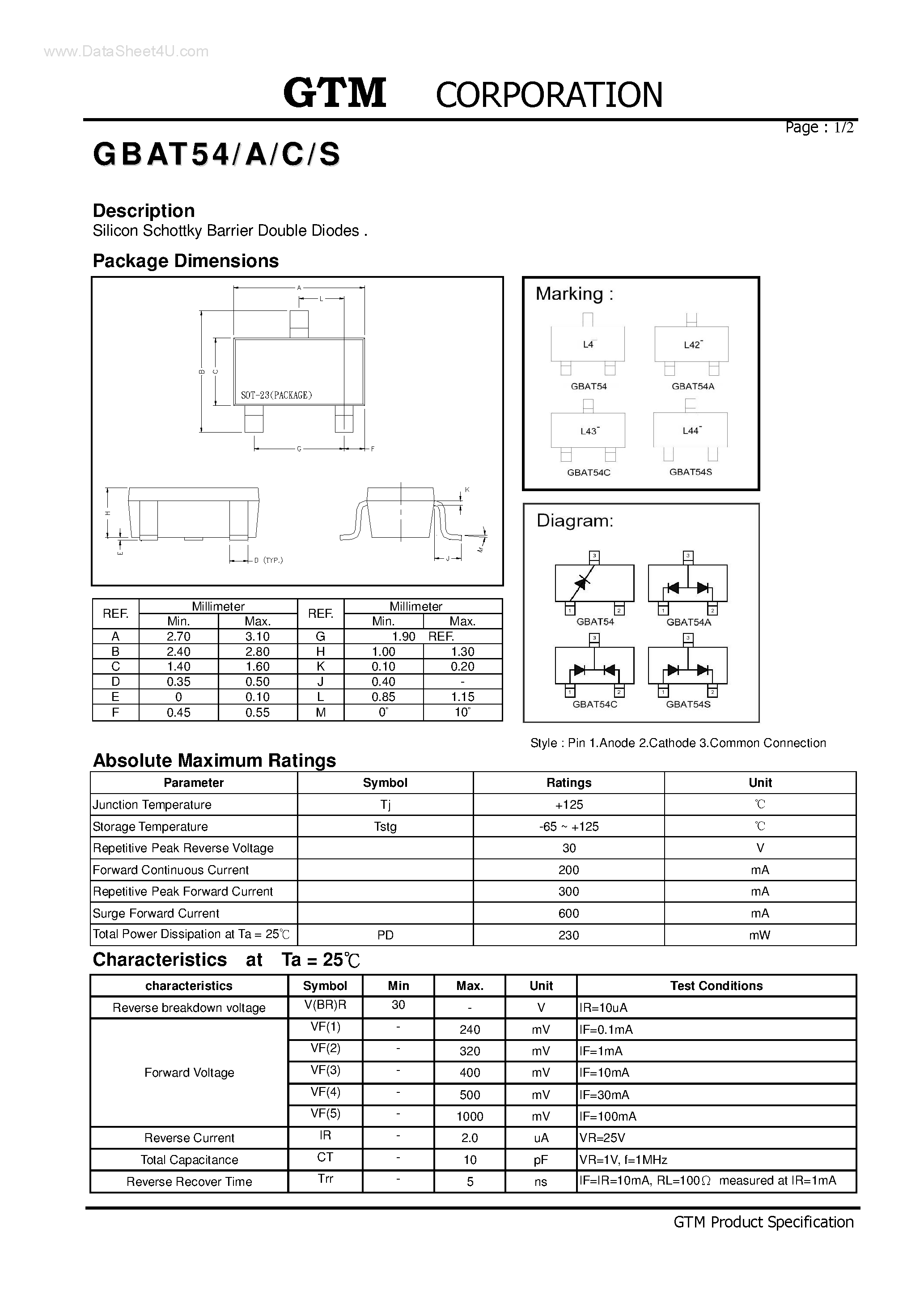 Даташит GBAT54 - Silicon Schottky Barrier Double Diodes страница 1