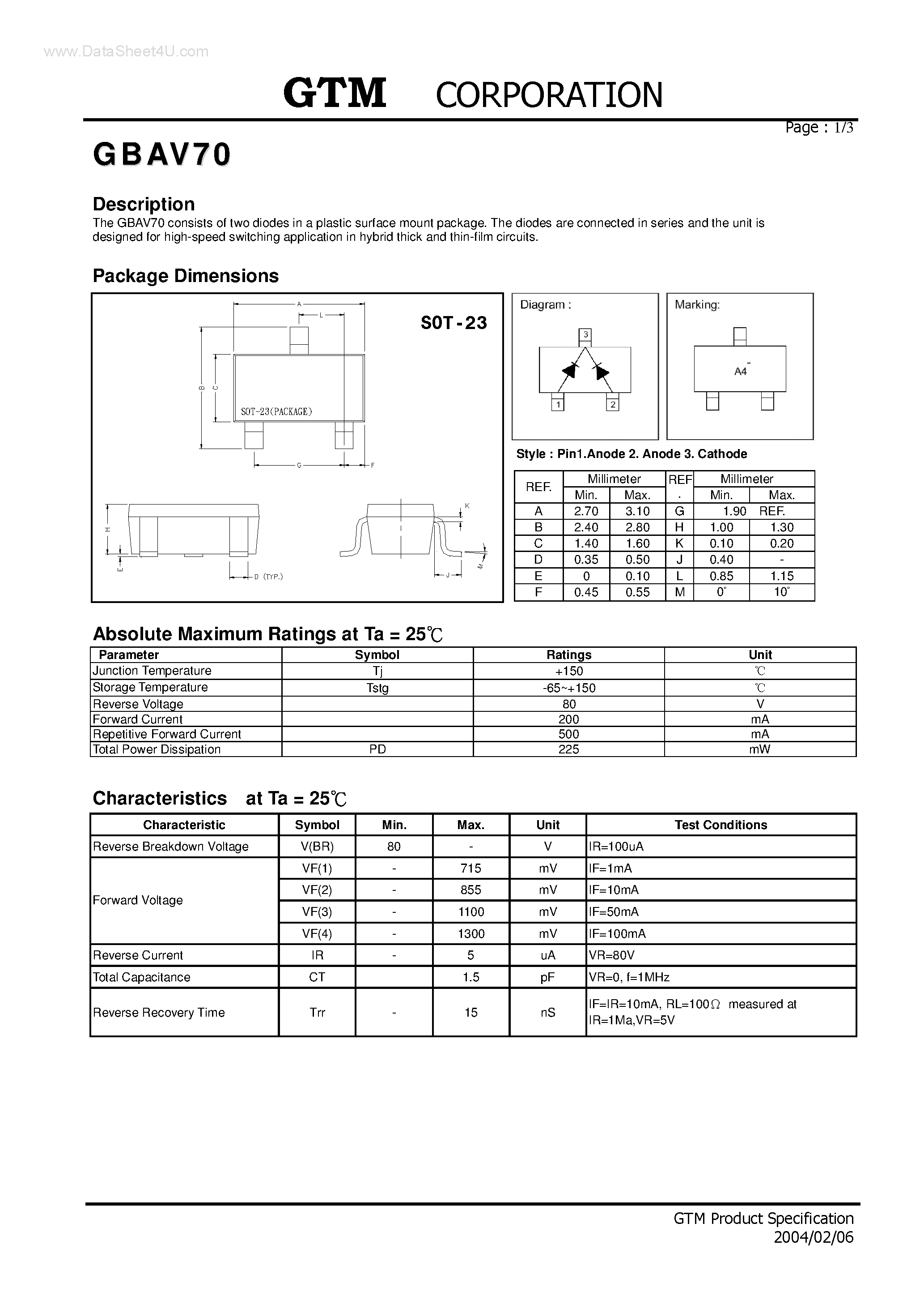 Даташит на микросхему GBAV70 страница 1 Даташит GBAV70 - consists of two diodes страница 1