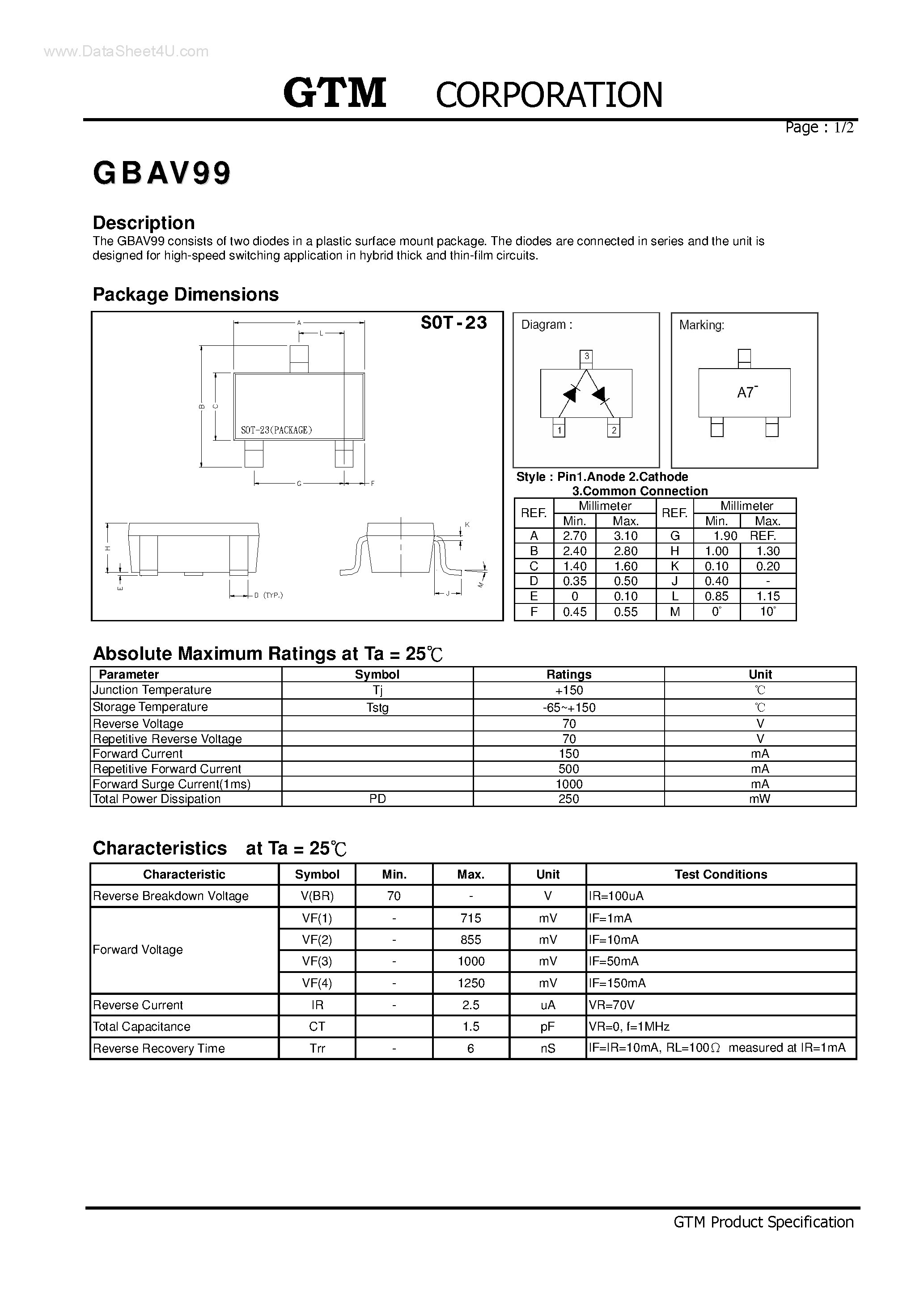 Даташит на микросхему GBAV99 страница 1 Даташит GBAV99 - consists of two diodes страница 1