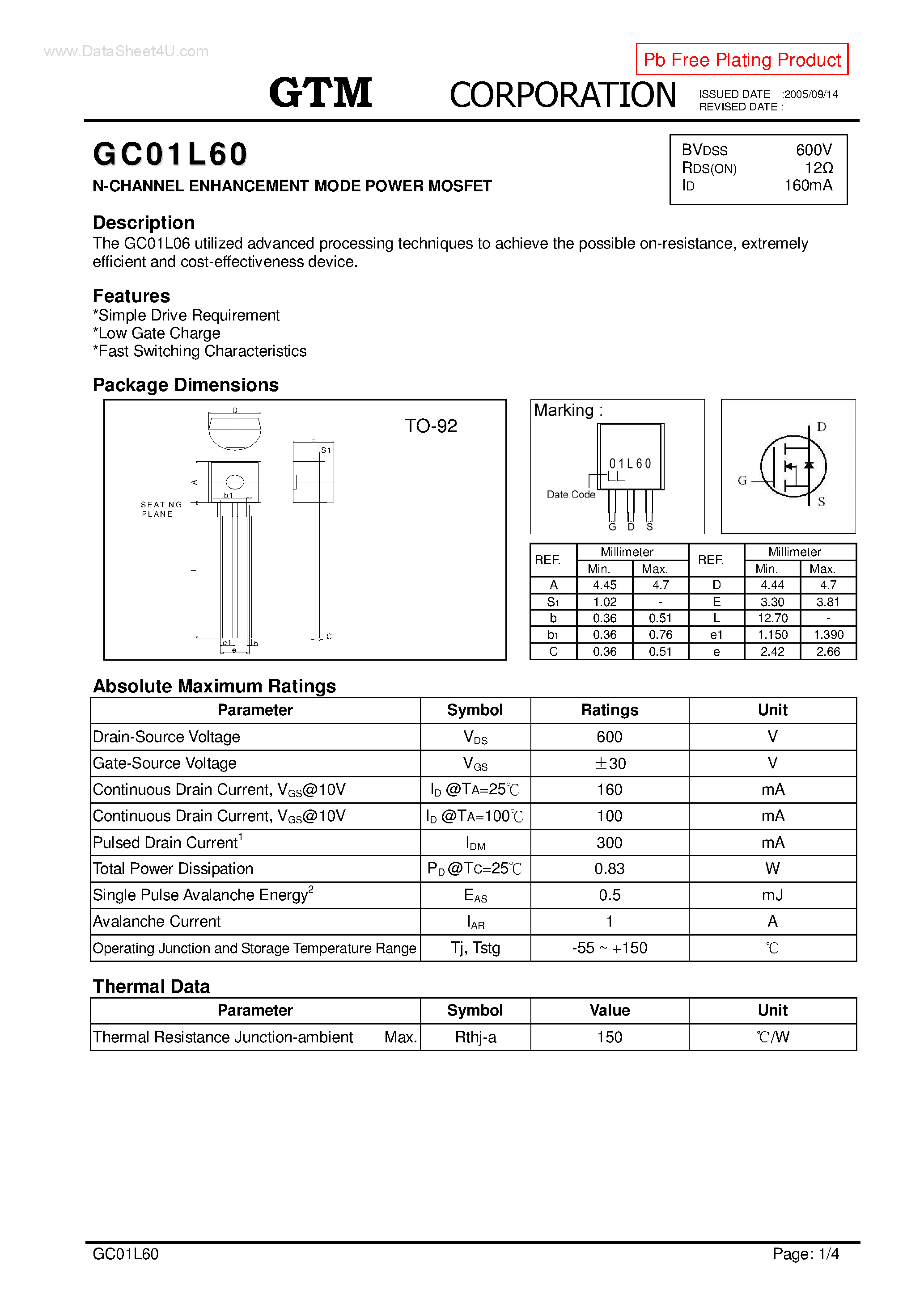Datasheet GC01L60 page 1 Datasheet GC01L60 - N-CHANNEL ENHANCEMENT MODE POWER MOSFET page 1