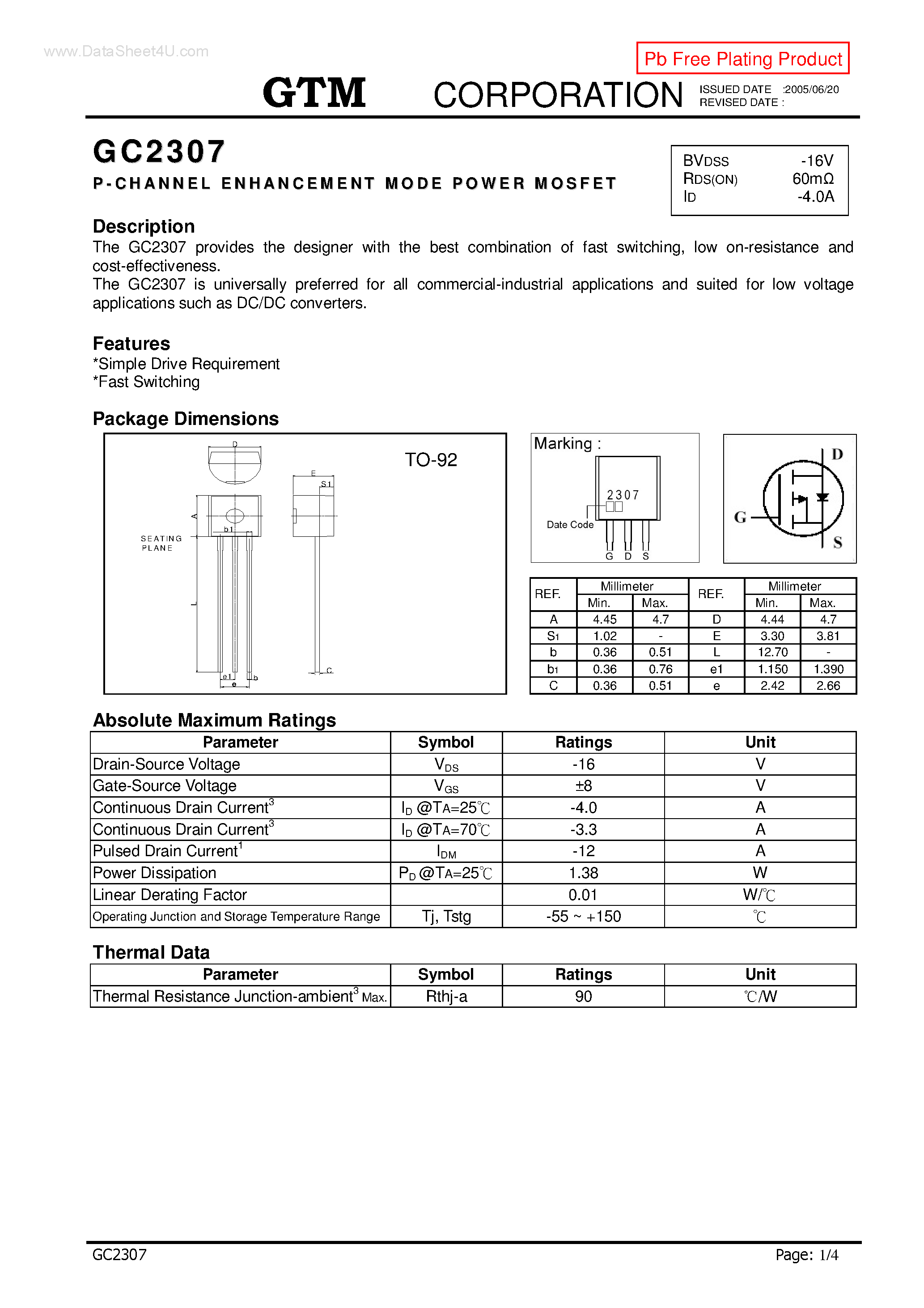 Datasheet GC2307 page 1 Datasheet GC2307 - P-CHANNEL ENHANCEMENT MODE POWER MOSFET page 1