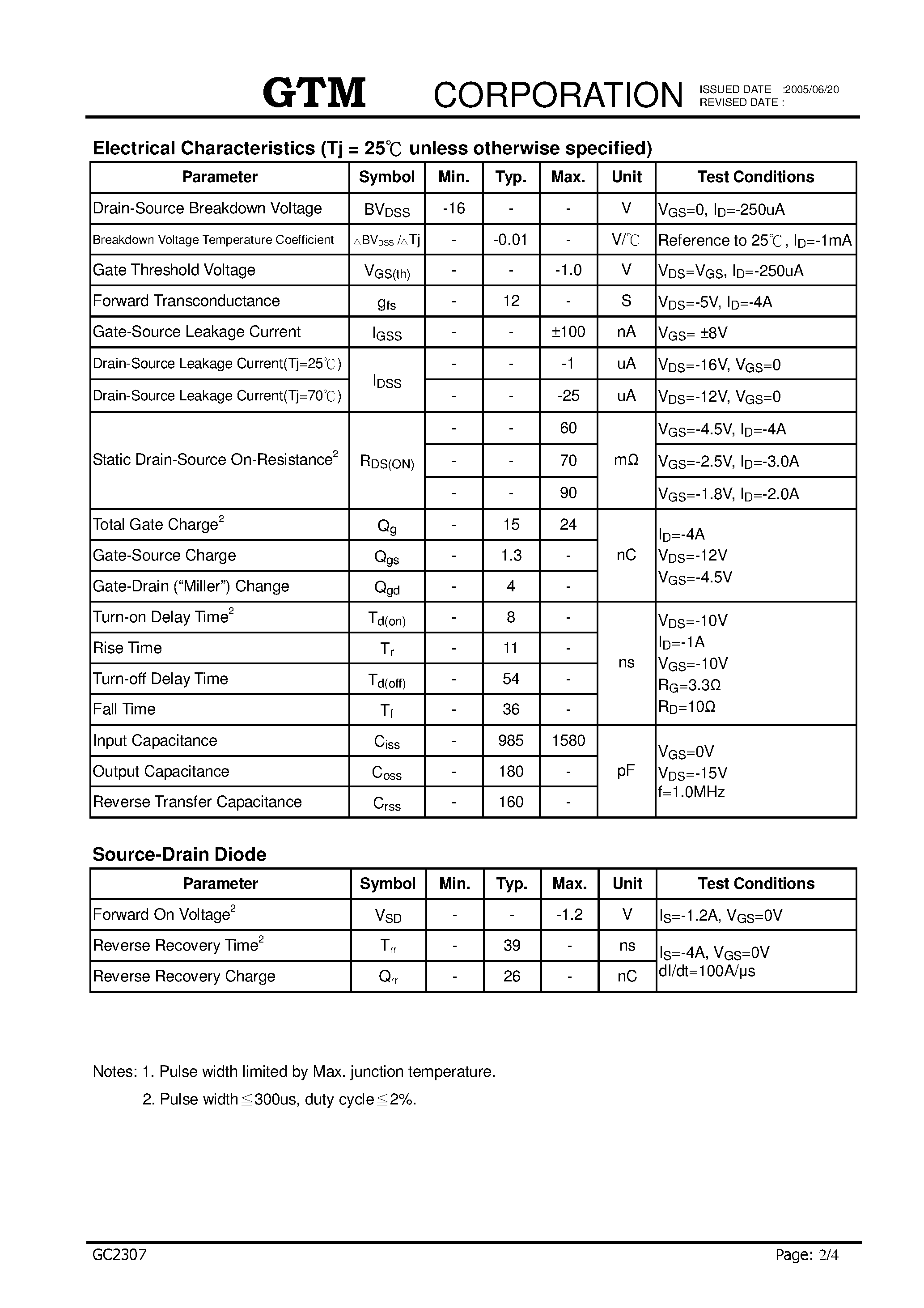 Datasheet GC2307 page 2 Datasheet GC2307 - P-CHANNEL ENHANCEMENT MODE POWER MOSFET page 2