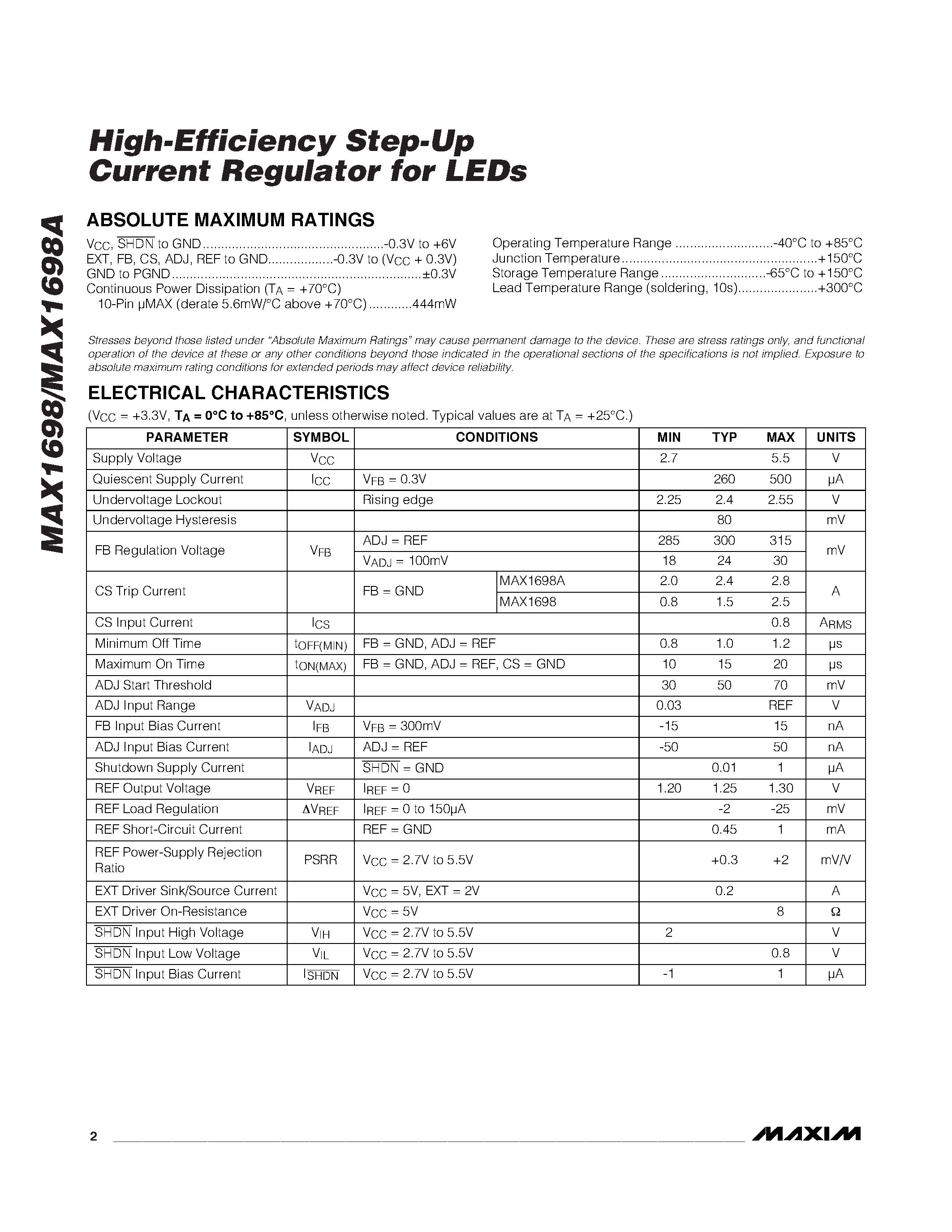 Datasheet MAX1698A - High-Efficiency Step-Up Current Regulator page 2