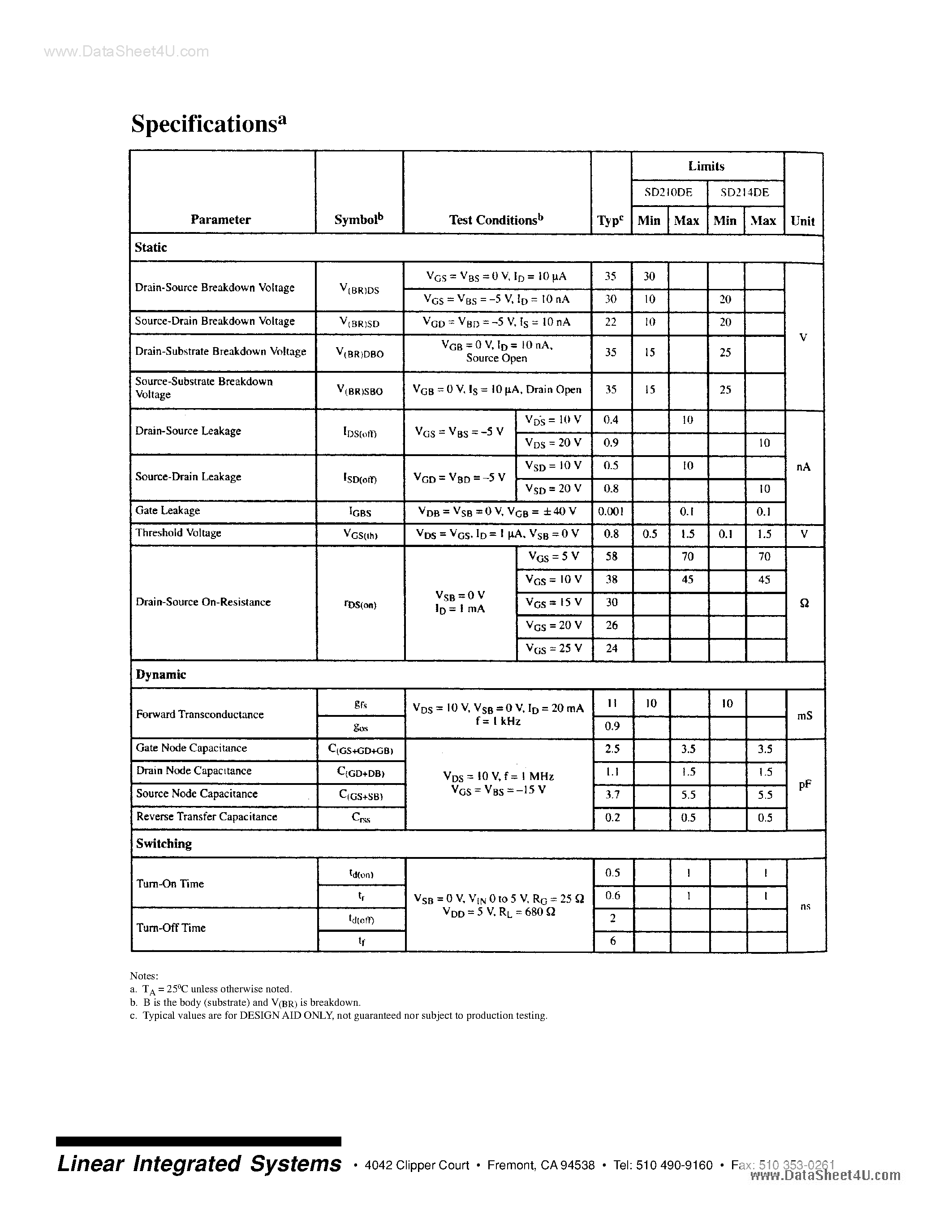 Datasheet SD210DE page 2 Datasheet SD210DE - (SD210DE / SD214DE) High Speed N-channel Lateral Dmos Fet Switch page 2