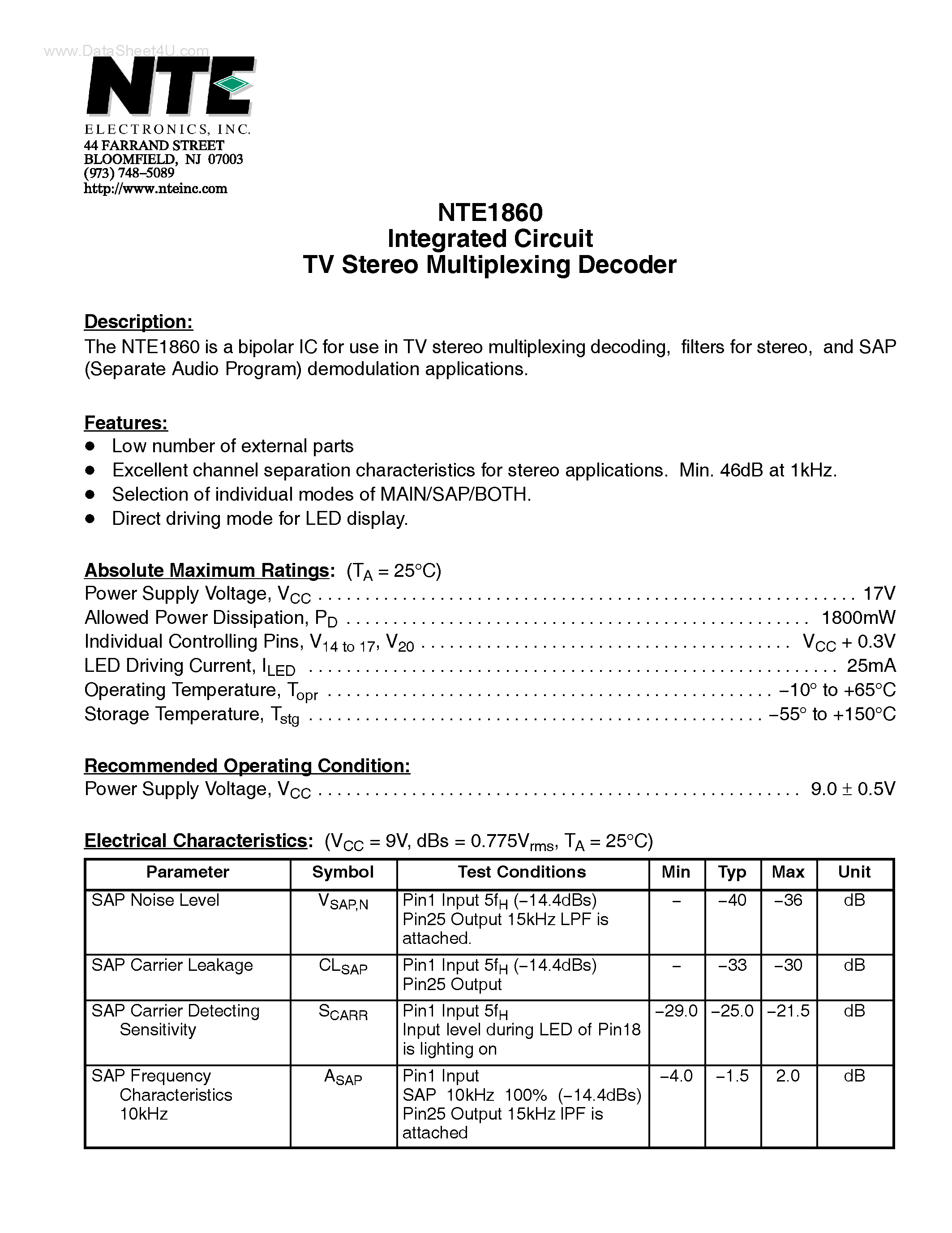 Даташит NTE1860 - Integrated Circuit TV Stereo Multiplexing Decoder страница 1