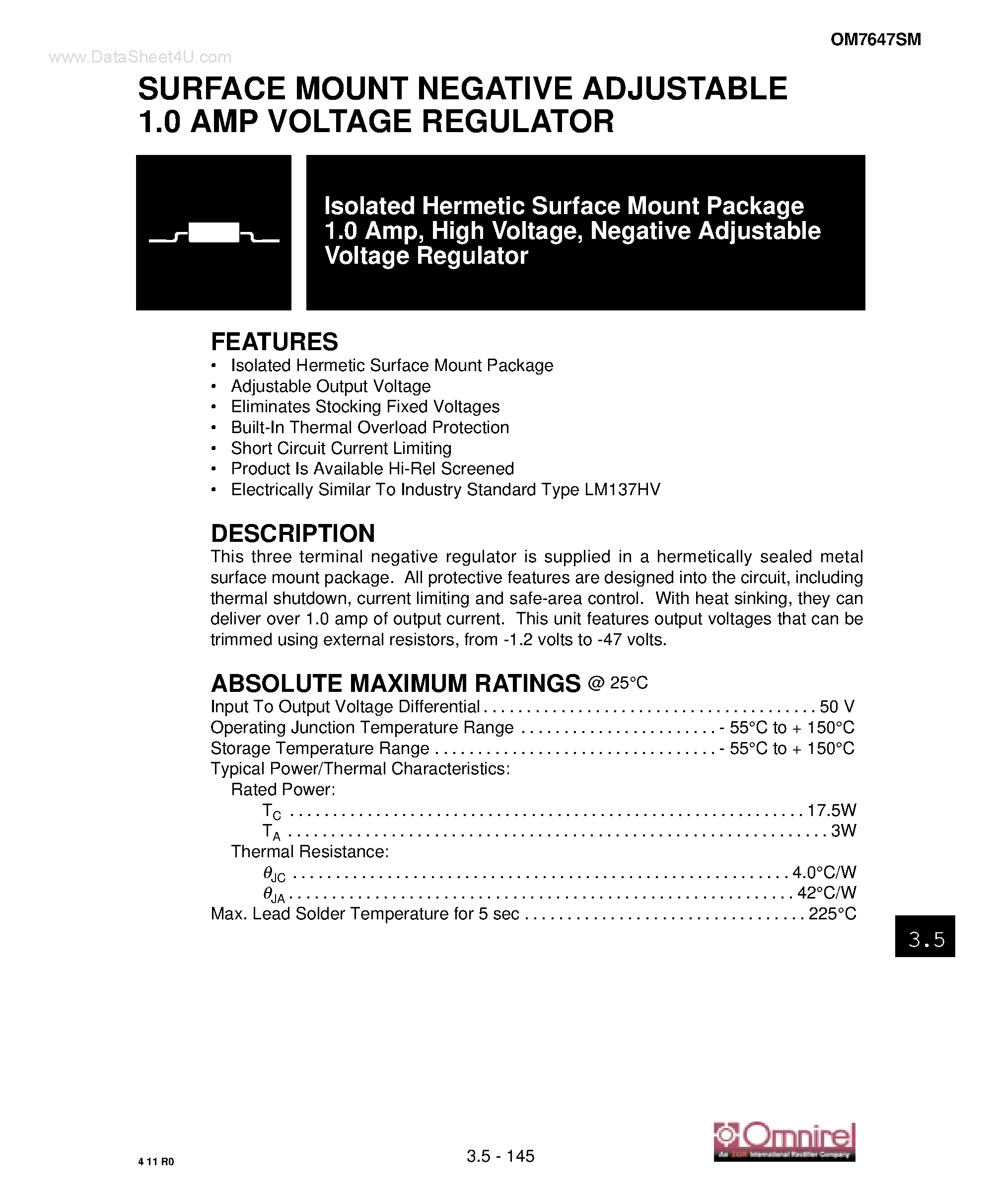 Datasheet OM7647SM - SURFACE MOUNT NEGATIVE ADJUSTABLE 1.0 AMP VOLTAGE REGULATOR page 1
