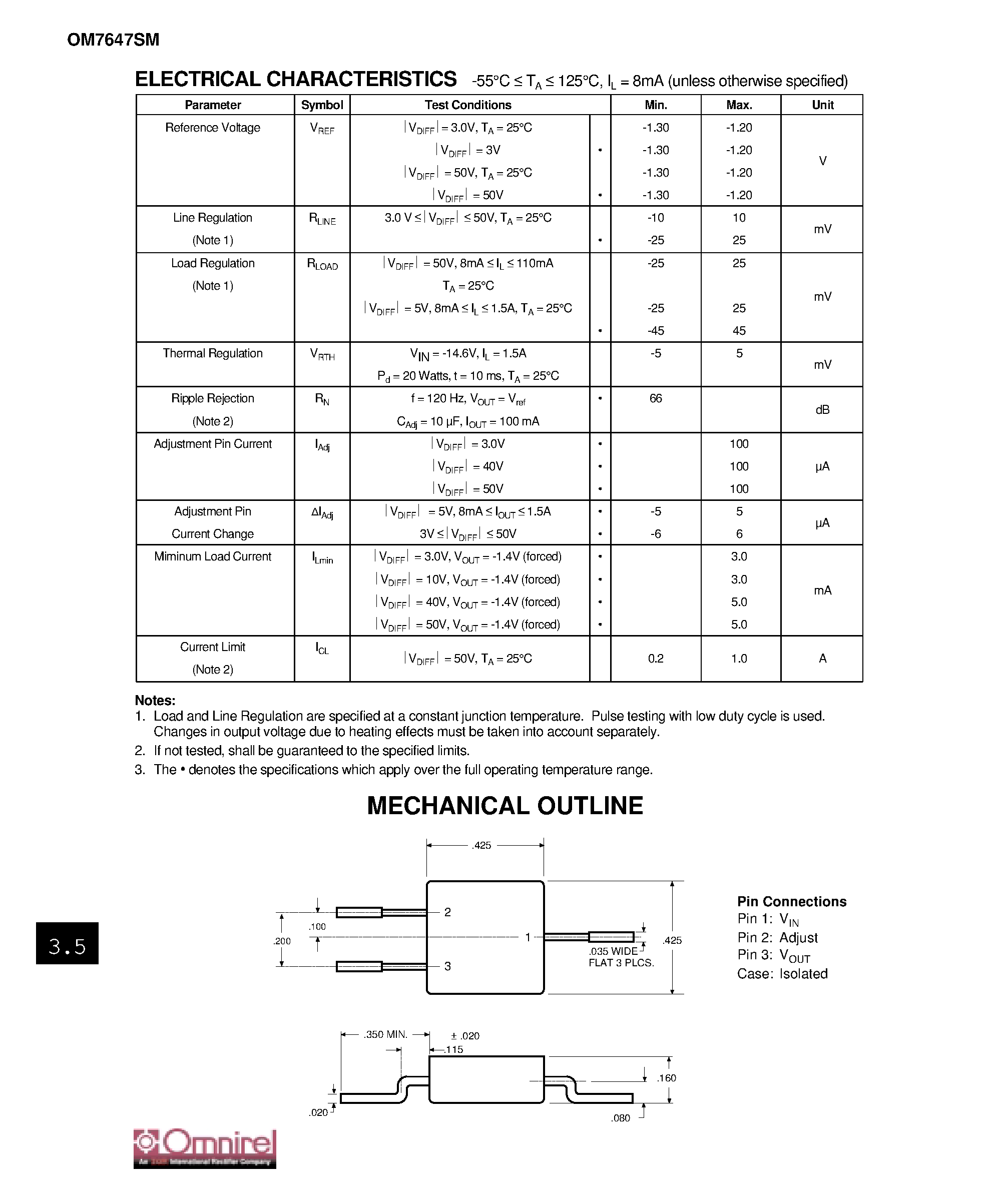 Datasheet OM7647SM - SURFACE MOUNT NEGATIVE ADJUSTABLE 1.0 AMP VOLTAGE REGULATOR page 2