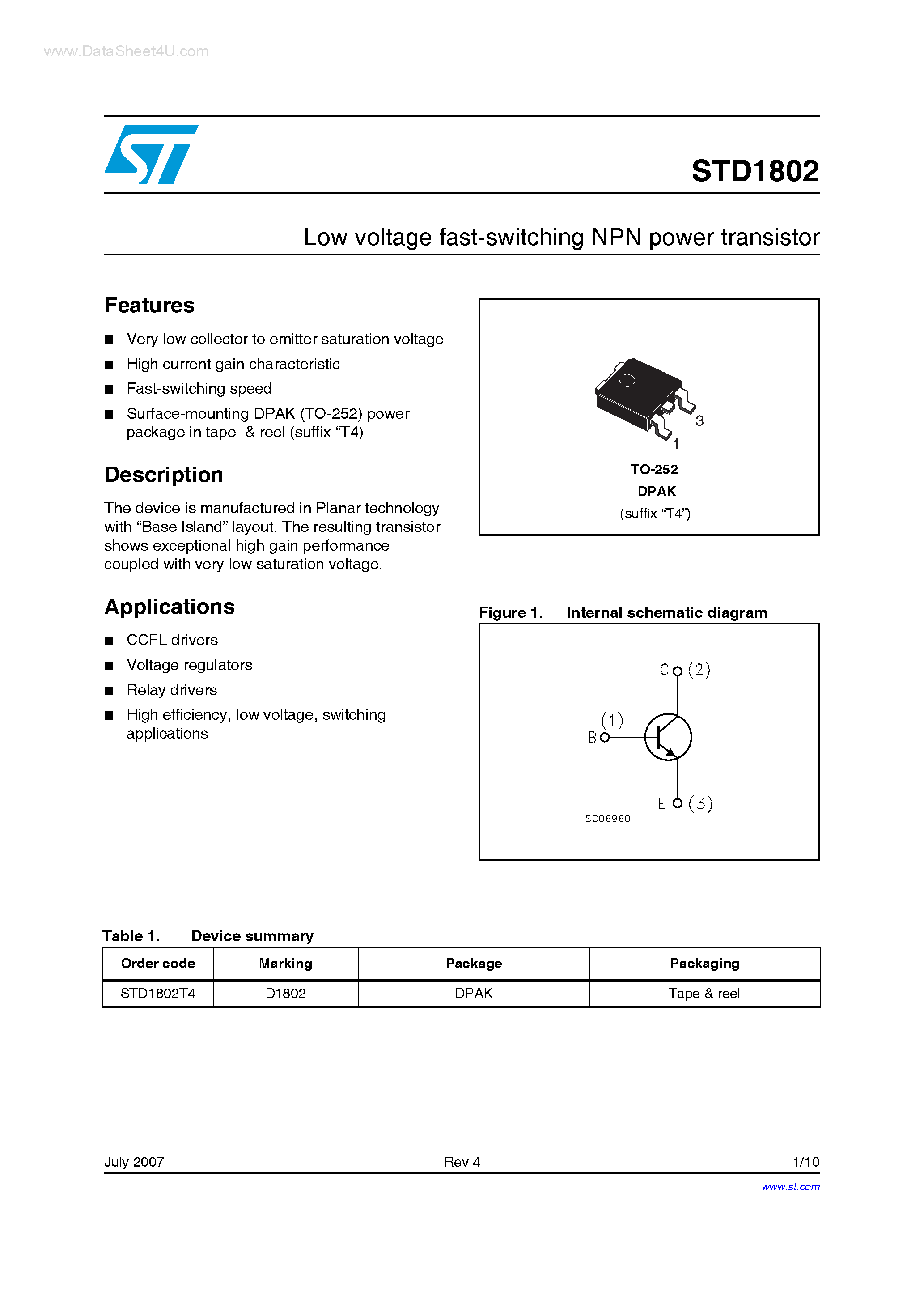 Datasheet STD1802 page 1 Datasheet STD1802 - Low voltage fast-switching NPN power transistor page 1
