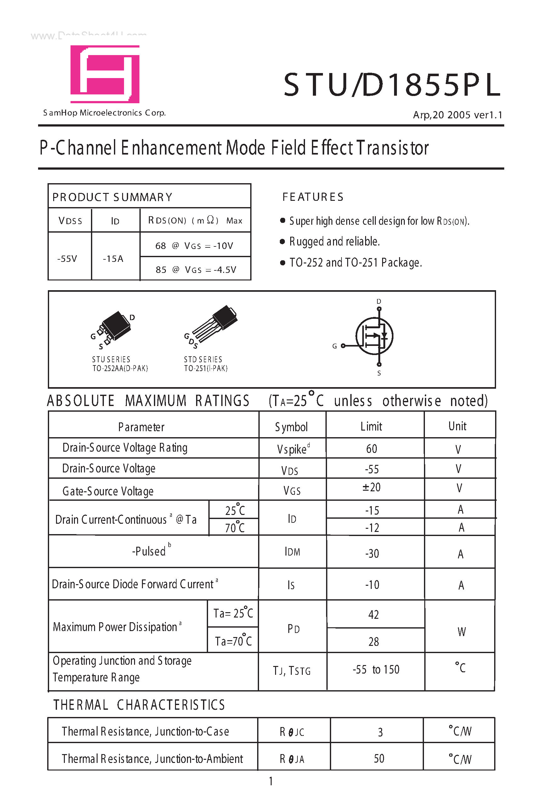 Datasheet STD1855PL page 1 Datasheet STD1855PL - P-Channel E nhancement Mode Field Effect Transistor page 1
