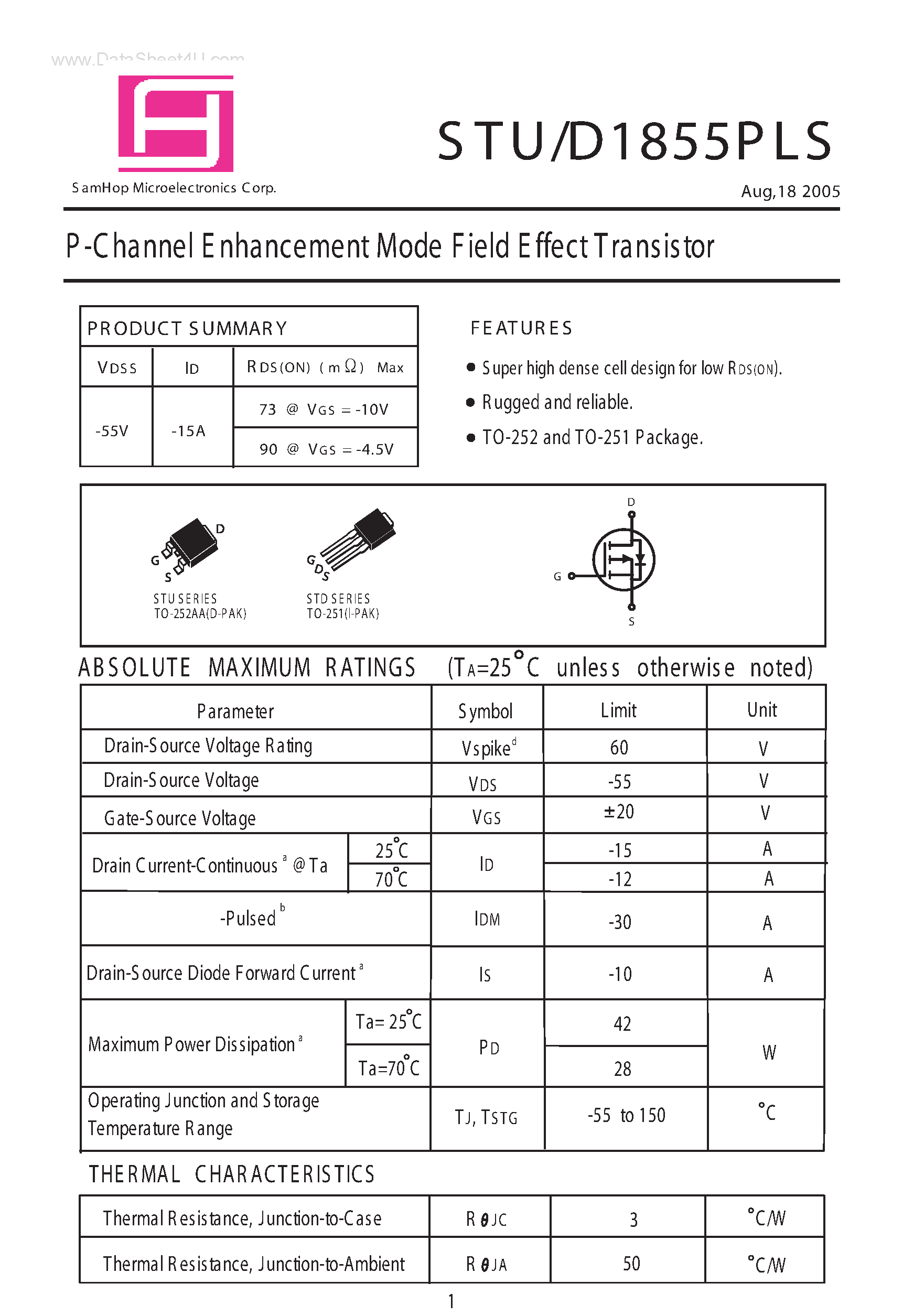 Даташит на микросхему STU1855PLS страница 1 Даташит STU1855PLS - P-Channel E nhancement Mode Field Effect Transistor страница 1