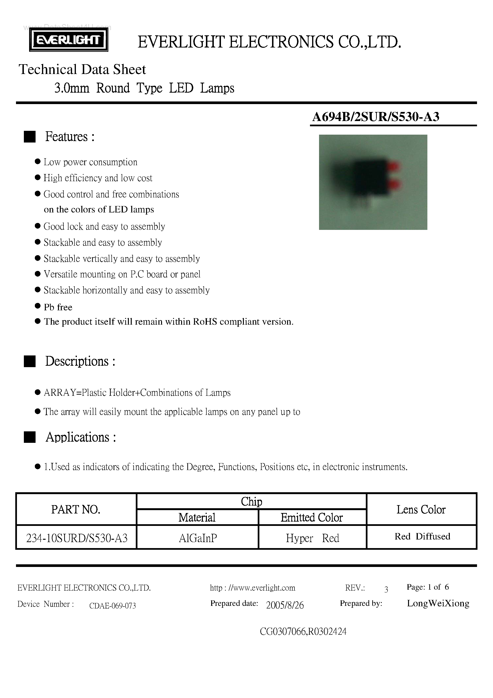 Datasheet A694B/2SUR/S530-A3 - Round Type LED Lamps page 1