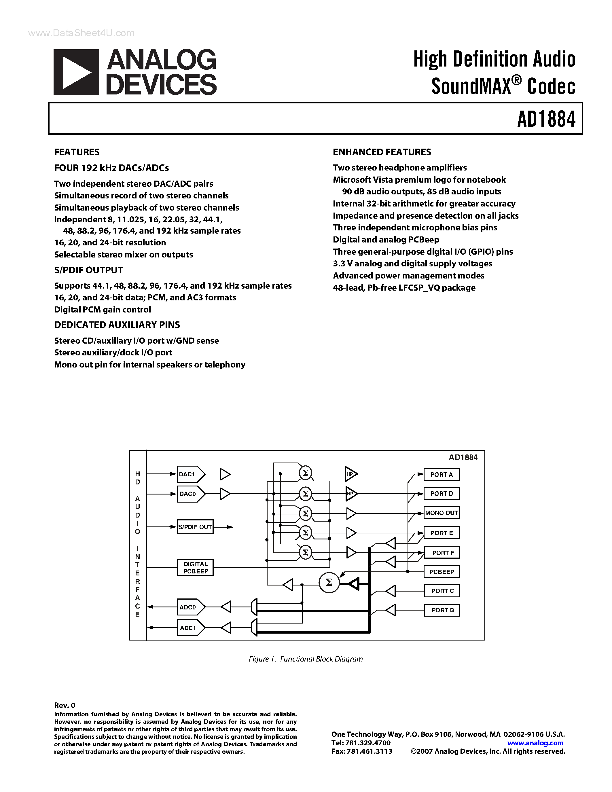 Datasheet AD1884 - High Definition Audio SoundMAX Codec page 1