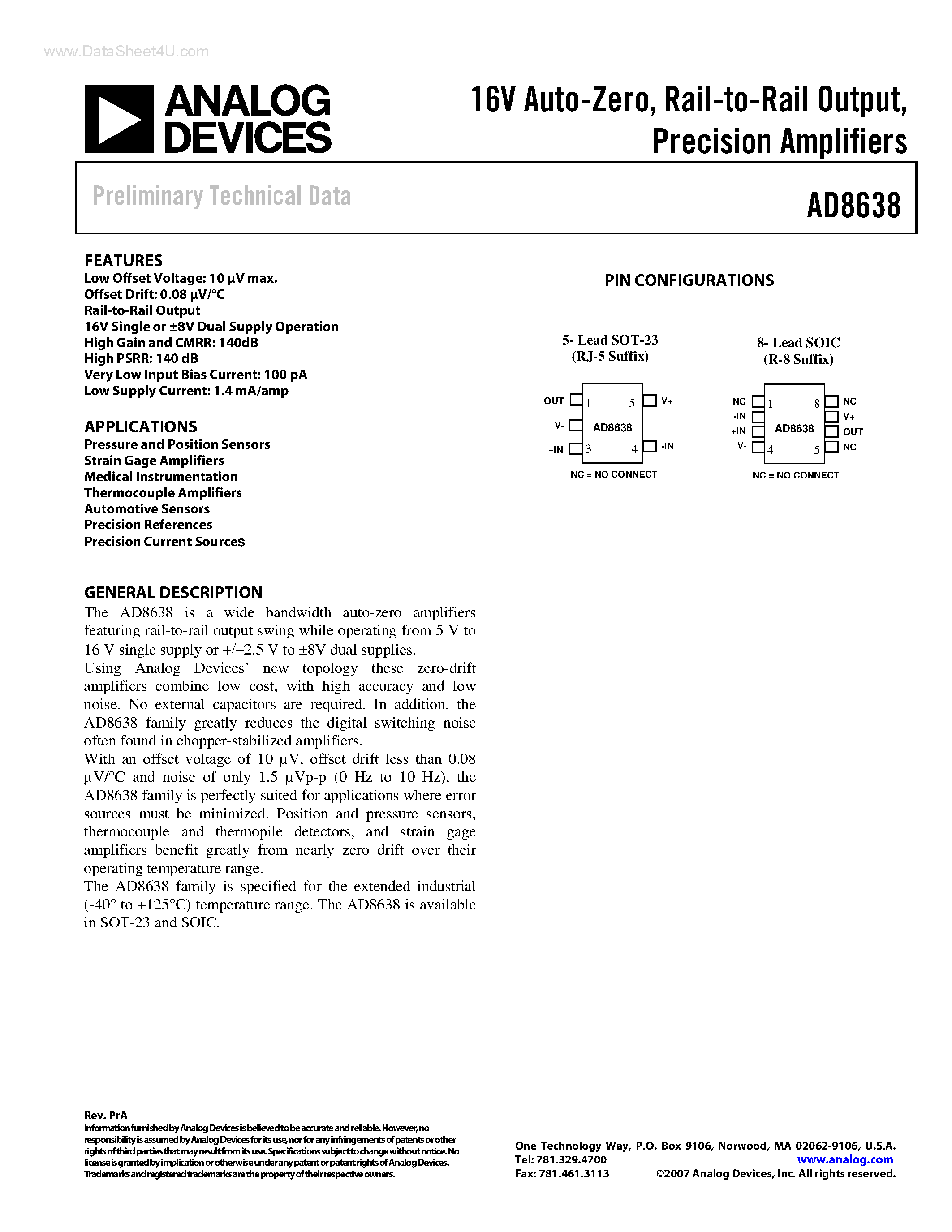 Datasheet AD8638 - Precision Amplifiers page 1