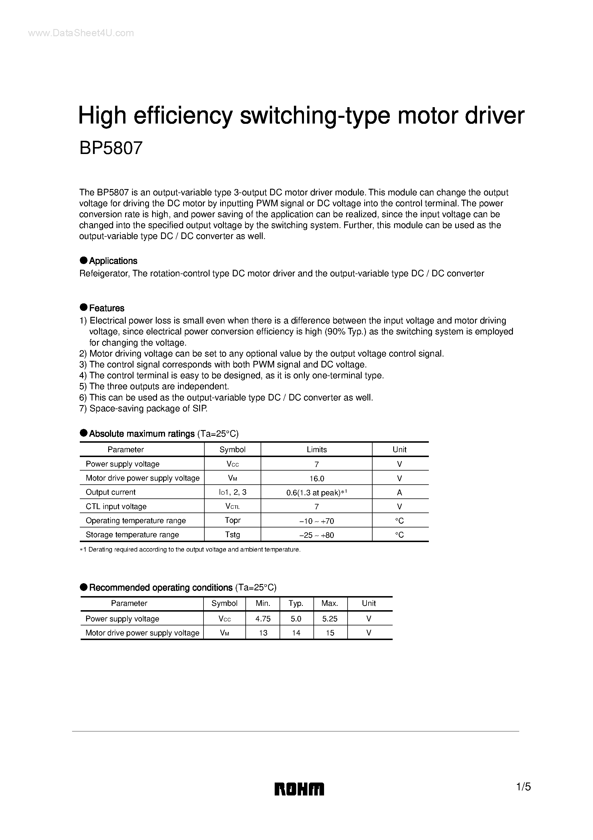 Даташит на микросхему BP5807 страница 1 Даташит BP5807 - High efficiency switching-type motor driver страница 1