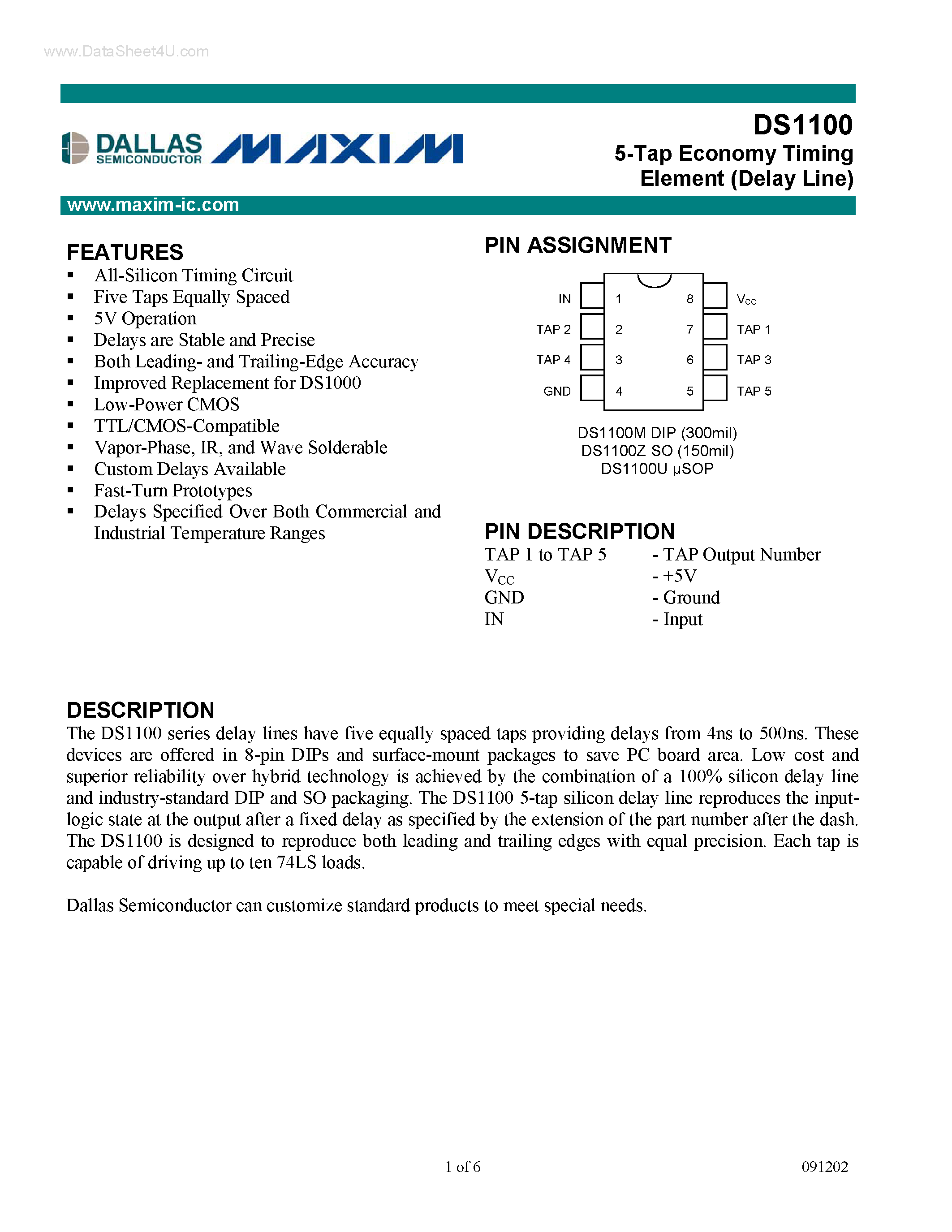 Datasheet DS1100 page 1 Datasheet DS1100 - 5-Tap Economy Timing Element Delay Line page 1