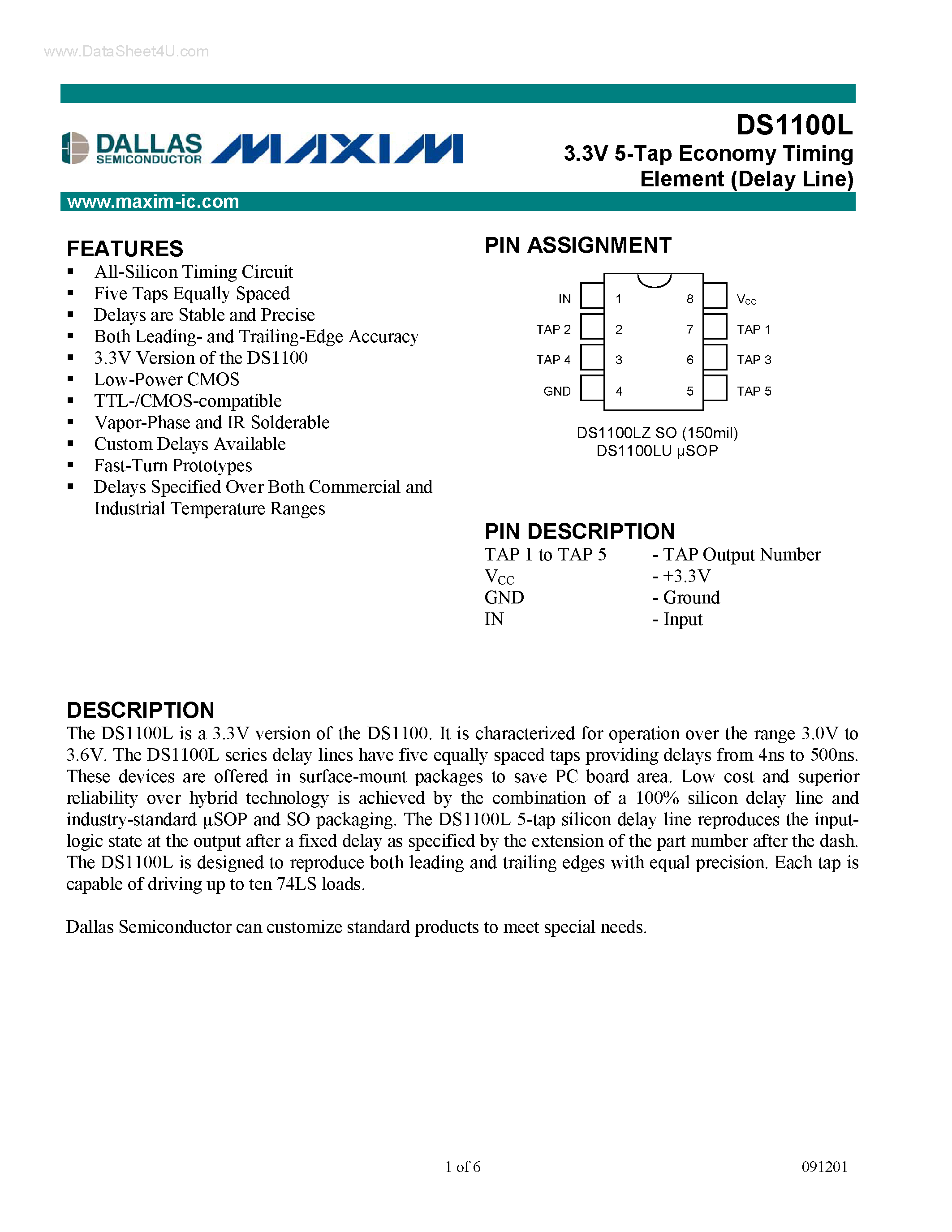 Datasheet DS1100L page 1 Datasheet DS1100L - 3.3V 5-Tap Economy Timing Element Delay Line page 1