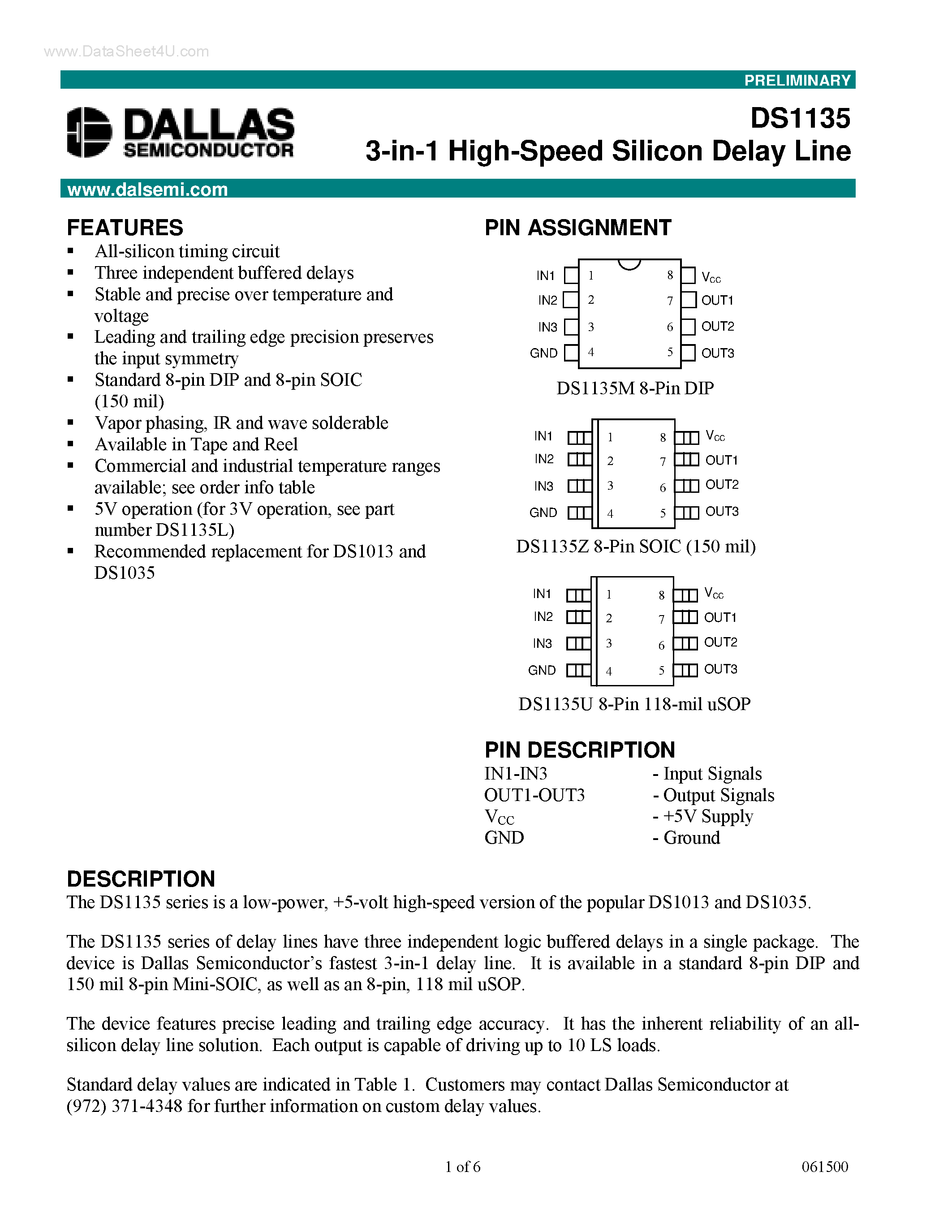 Datasheet DS1135 - 3-in-1 High-Speed Silicon Delay Line page 1