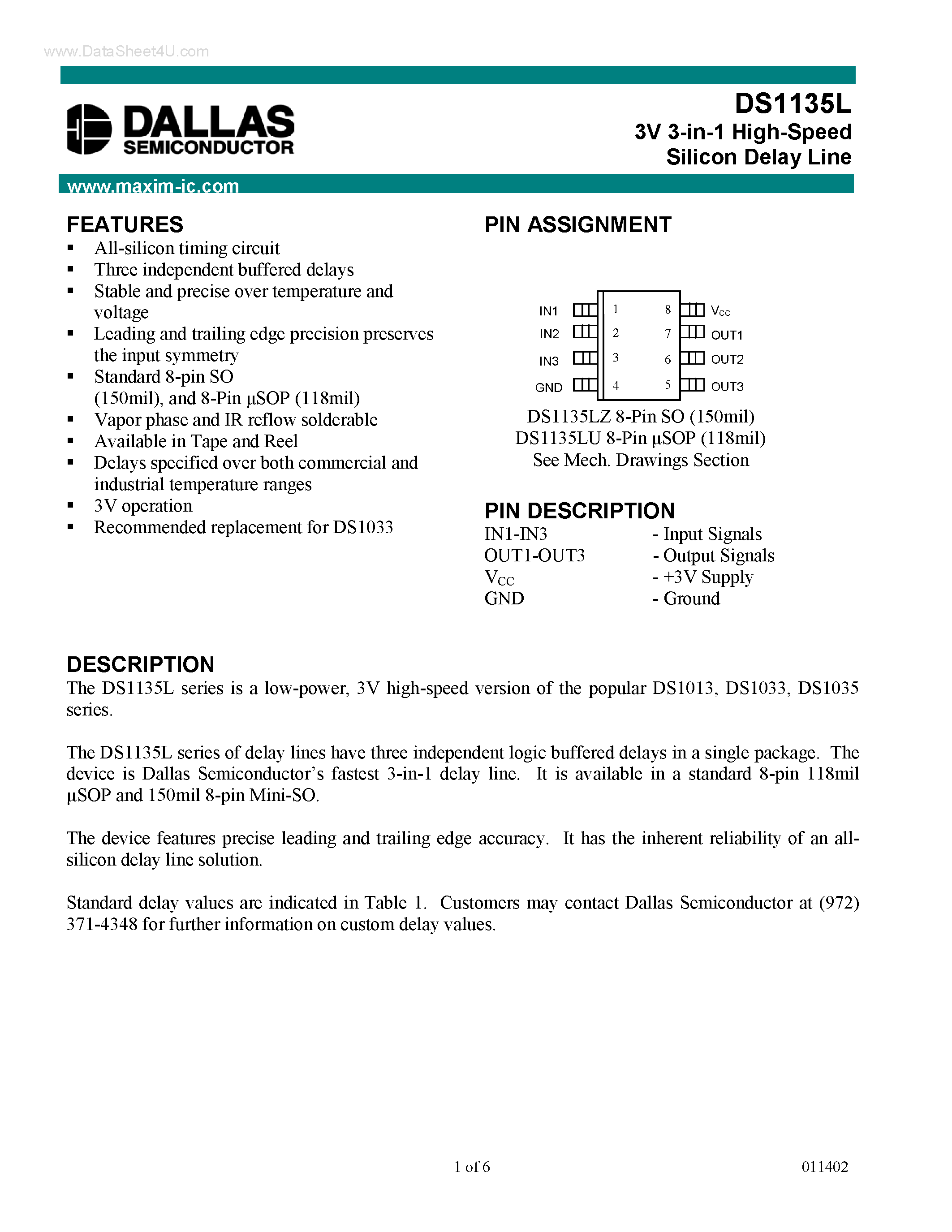 Datasheet DS1135L - 3V 3-in-1 High-Speed Silicon Delay Line page 1