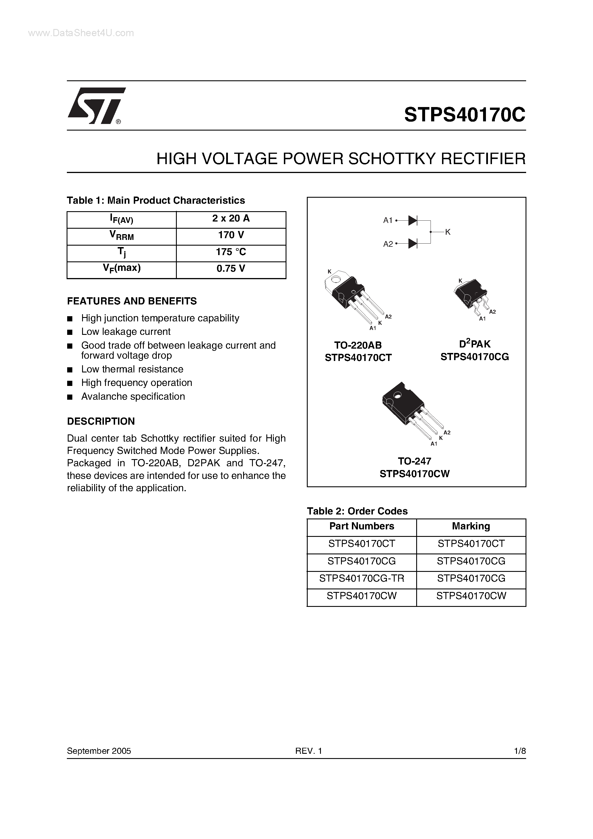 Datasheet STPS40170C - HIGH VOLTAGE POWER SCHOTTKY RECTIFIER page 1