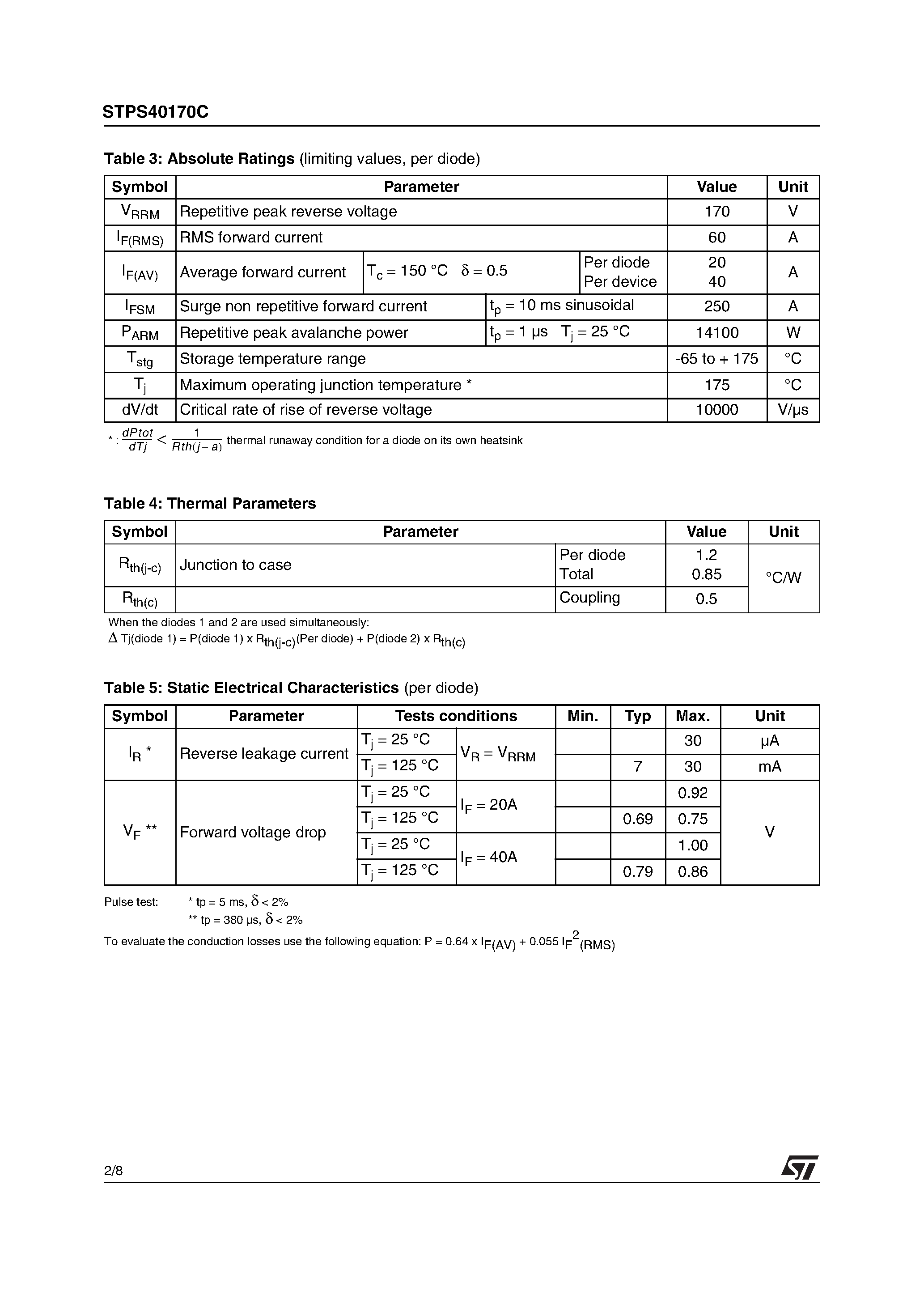 Datasheet STPS40170C - HIGH VOLTAGE POWER SCHOTTKY RECTIFIER page 2