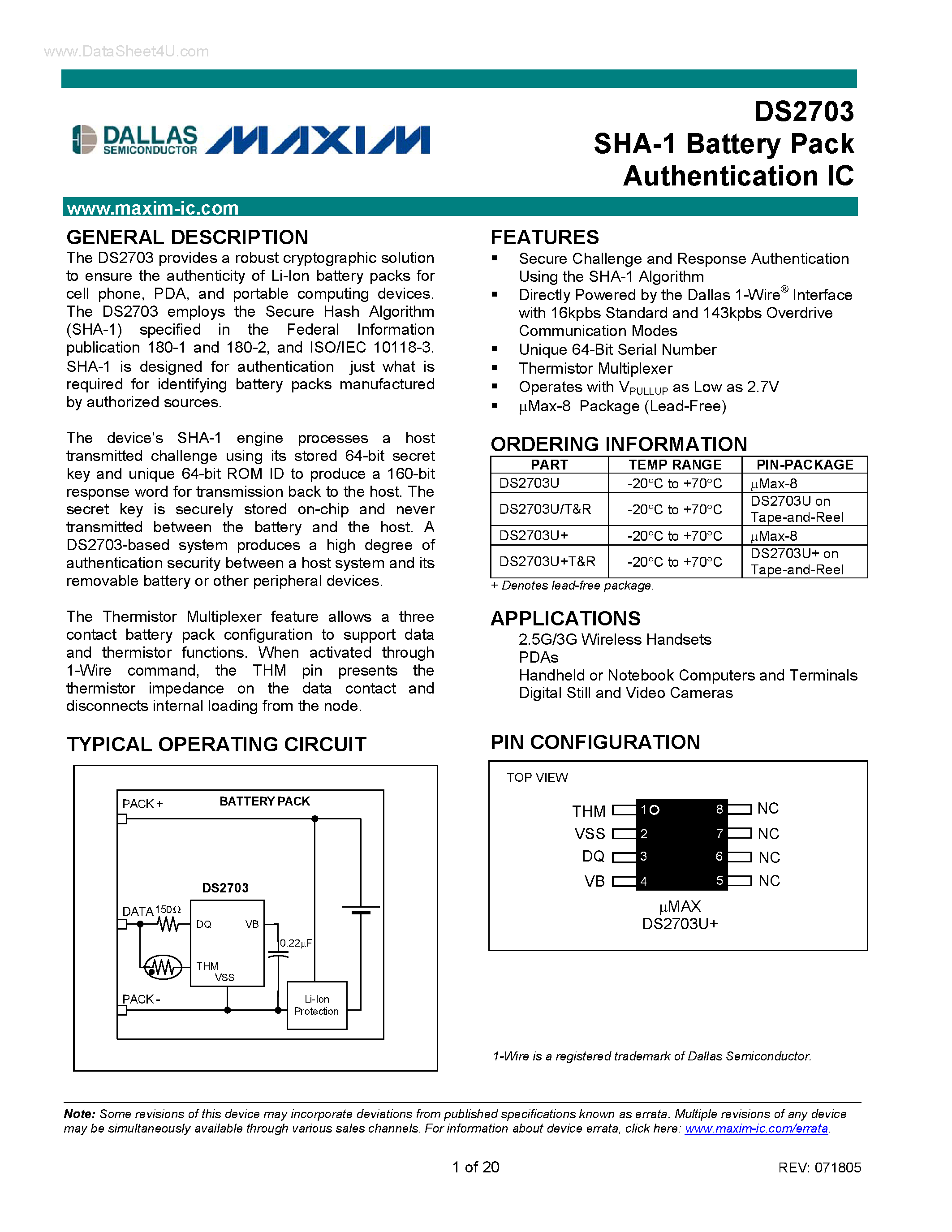 Datasheet DS2703 - SHA-1 Battery Pack Authentication IC page 1