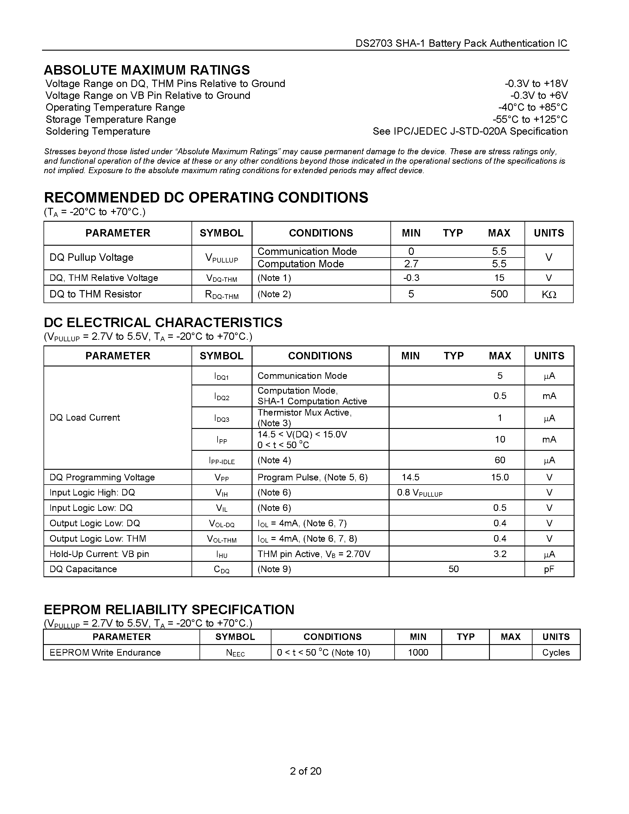 Datasheet DS2703 - SHA-1 Battery Pack Authentication IC page 2